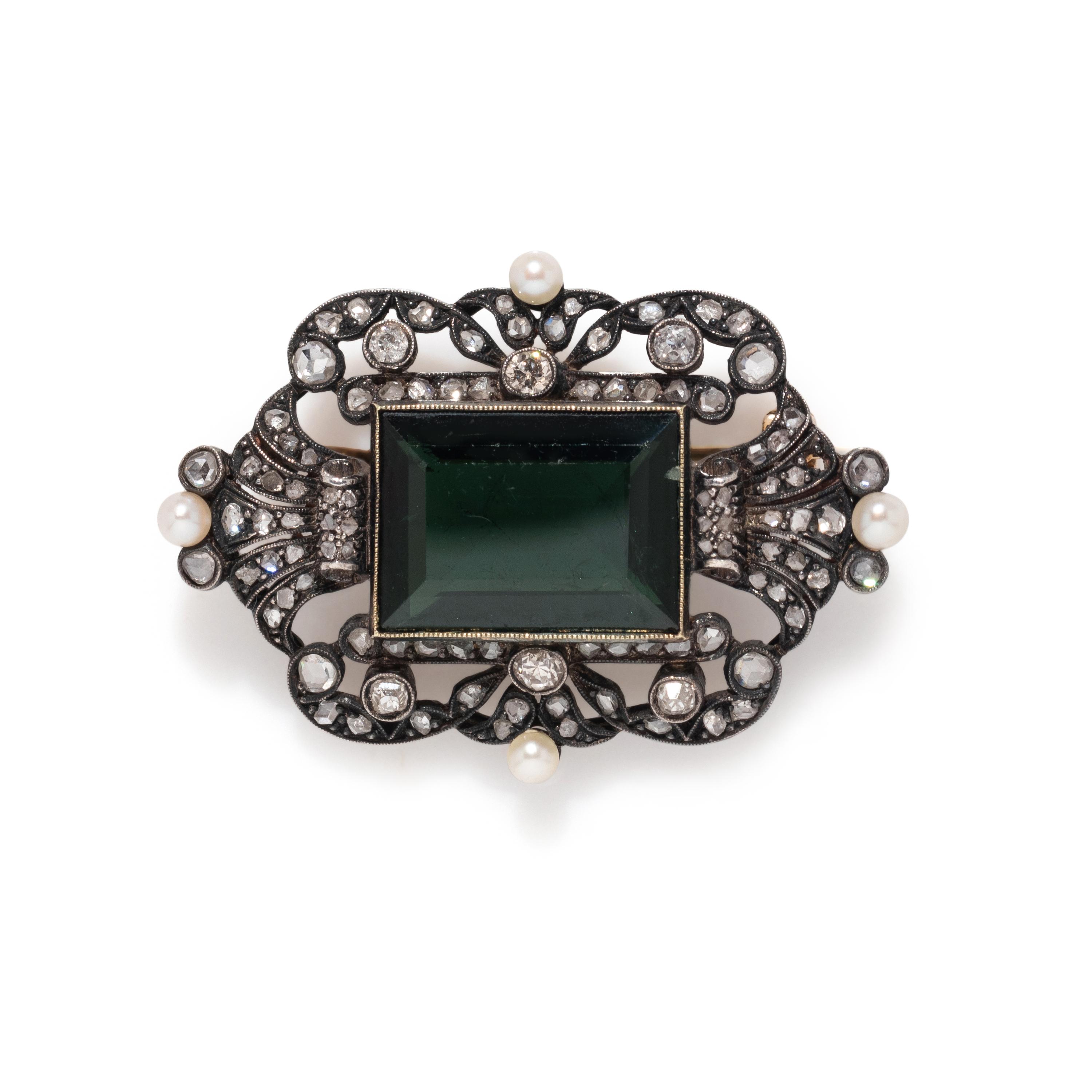 PORTUGUESE, VINTAGE, TOURMALINE, DIAMOND AND PEARL BROOCH