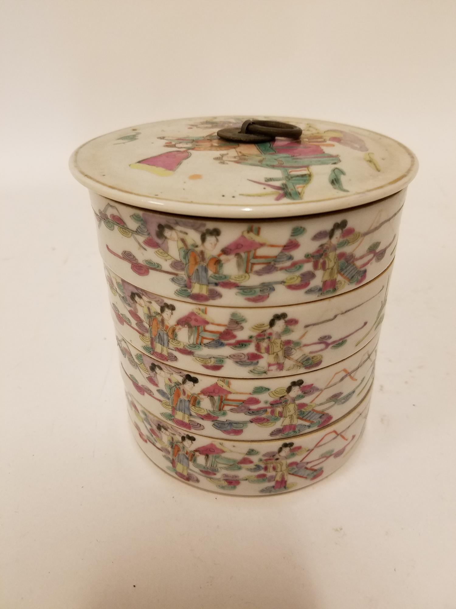 A Famille Rose Porcelain Stack Box. Height overall 5 1/8 inches.