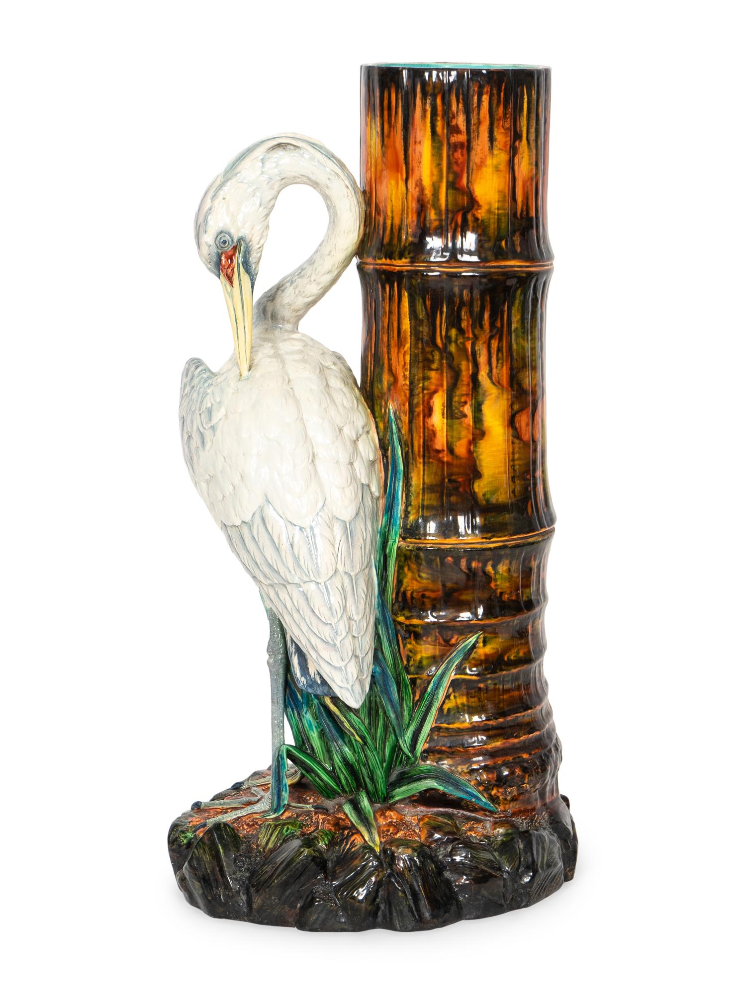 A Rare Victorian Royal Worcester Stork-Form Majolica Umbrella or Cane Stand