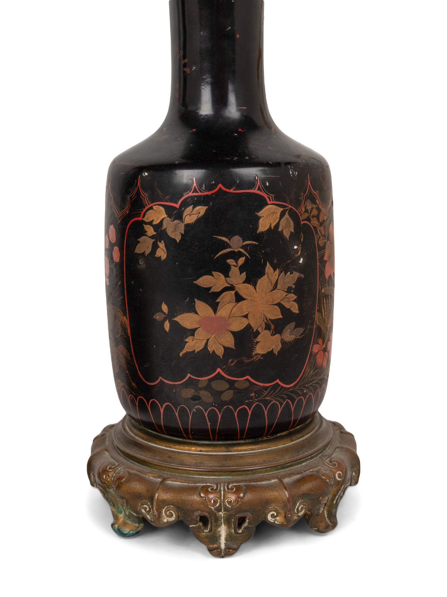 A Pair of French Gilt Bronze Mounted and Gilt Decorated Black Opaline Glass Oil Lamps