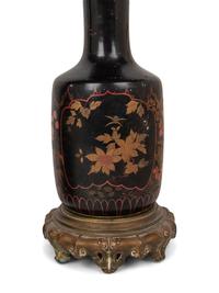 A Pair of French Gilt Bronze Mounted and Gilt Decorated Black Opaline Glass Oil Lamps
