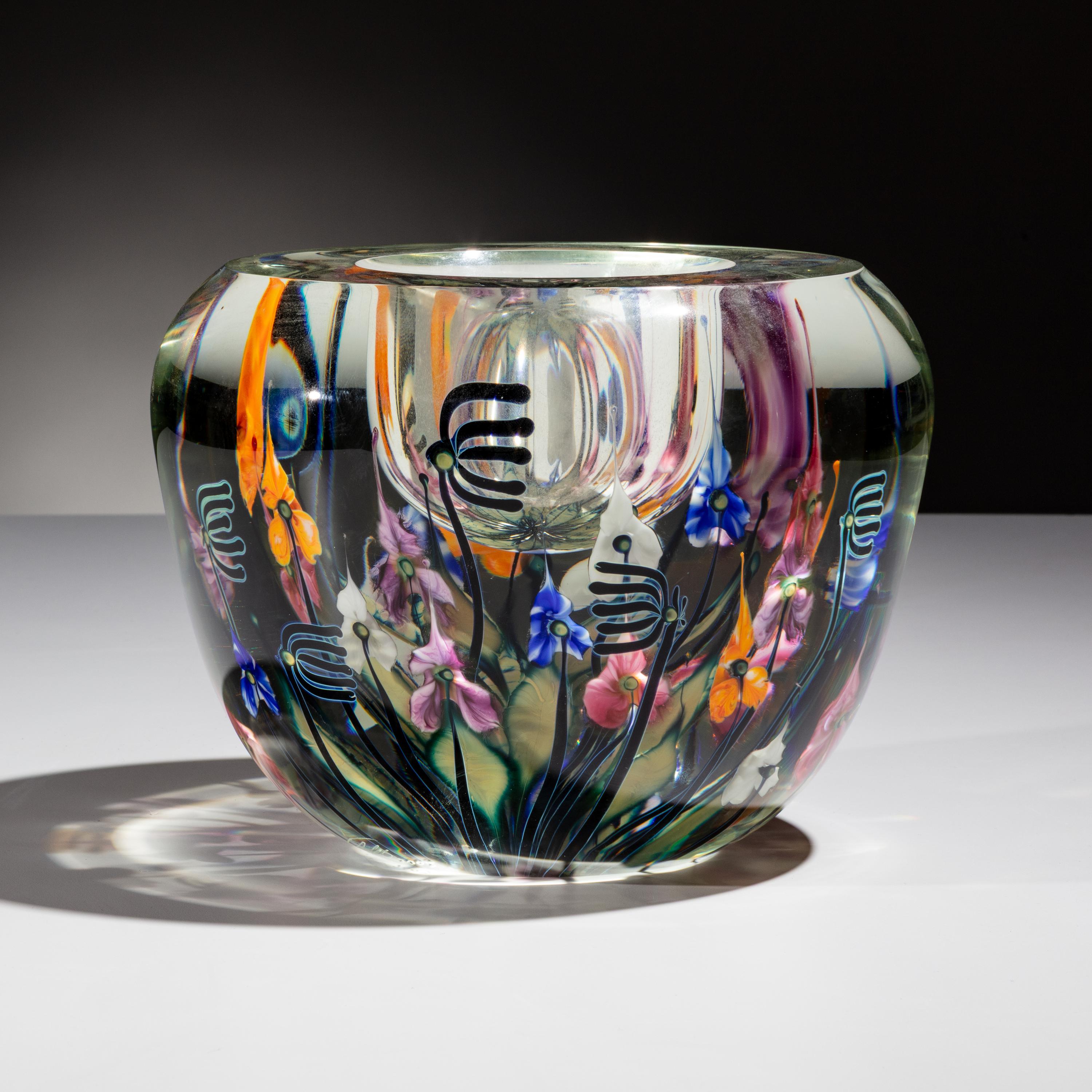 John Lotton (American, b. 1964) — Bowl, Milled Edge Vase Multi-Colored Flowers, 2003