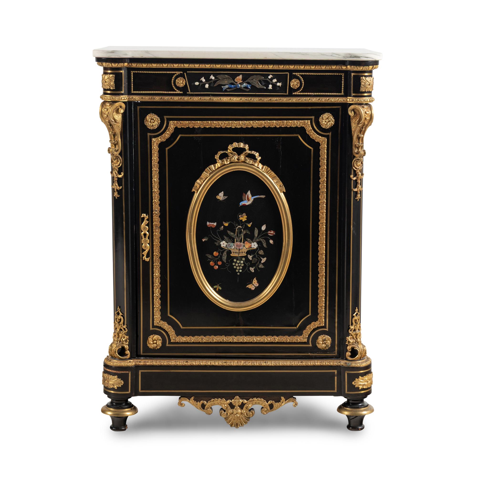 A Napoleon III Style Ebonized, Gilt Bronze and Pietra Dura Plaque Mounted Marble-Top Meuble d’Appui