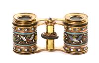 A Pair of French Champleve Decorated Opera Glasses, Width 3 7/8 inches.