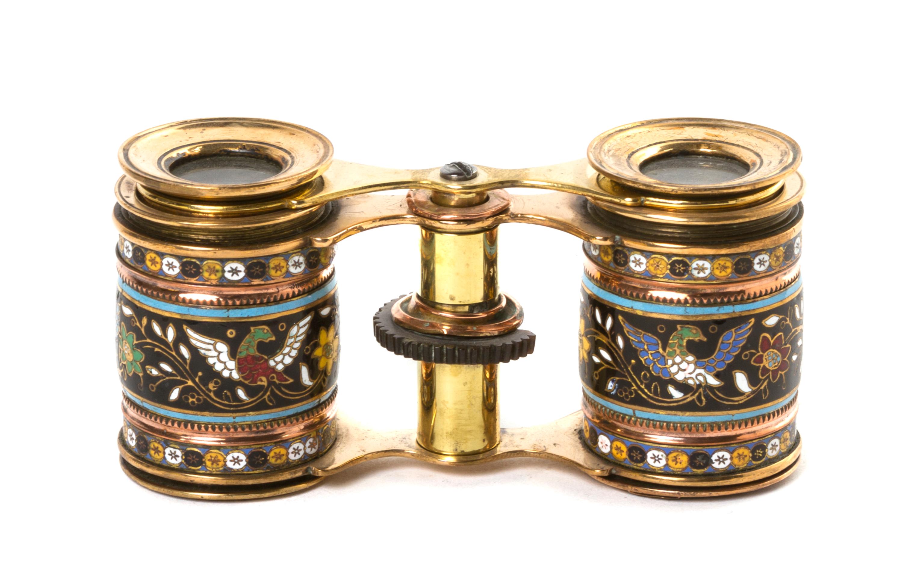 A Pair of French Champleve Decorated Opera Glasses, Width 3 7/8 inches.