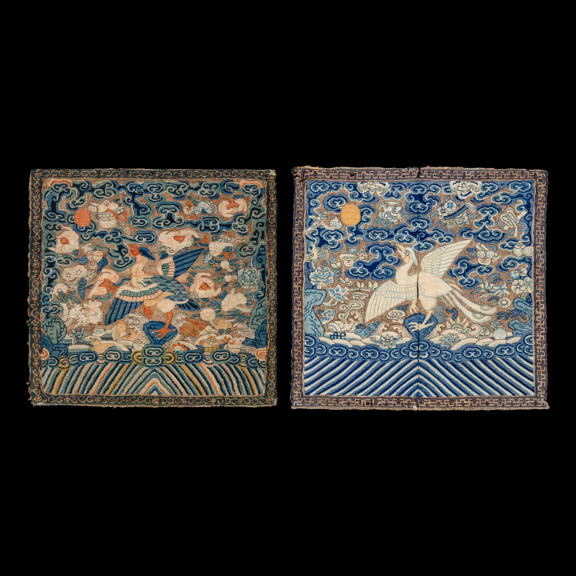 Two Chinese Kesi Silk Civil Officer's Rank Badges, Buzi , Mid-Second Half of 19th Century 清中晚期 緙絲補子兩幅