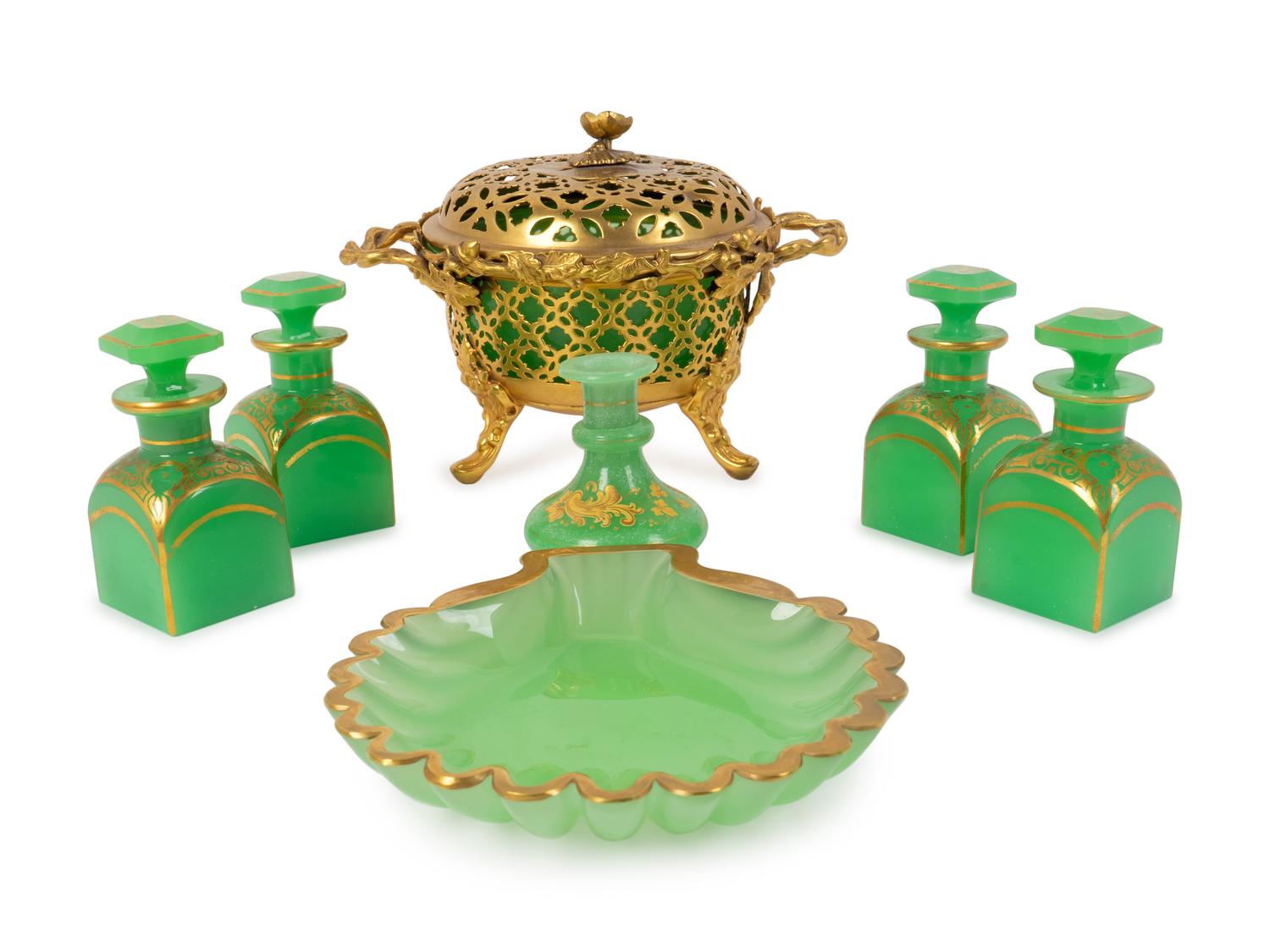 Seven Gilt Metal Mounted Green Opaline Glass Dishes — 19TH CENTURY