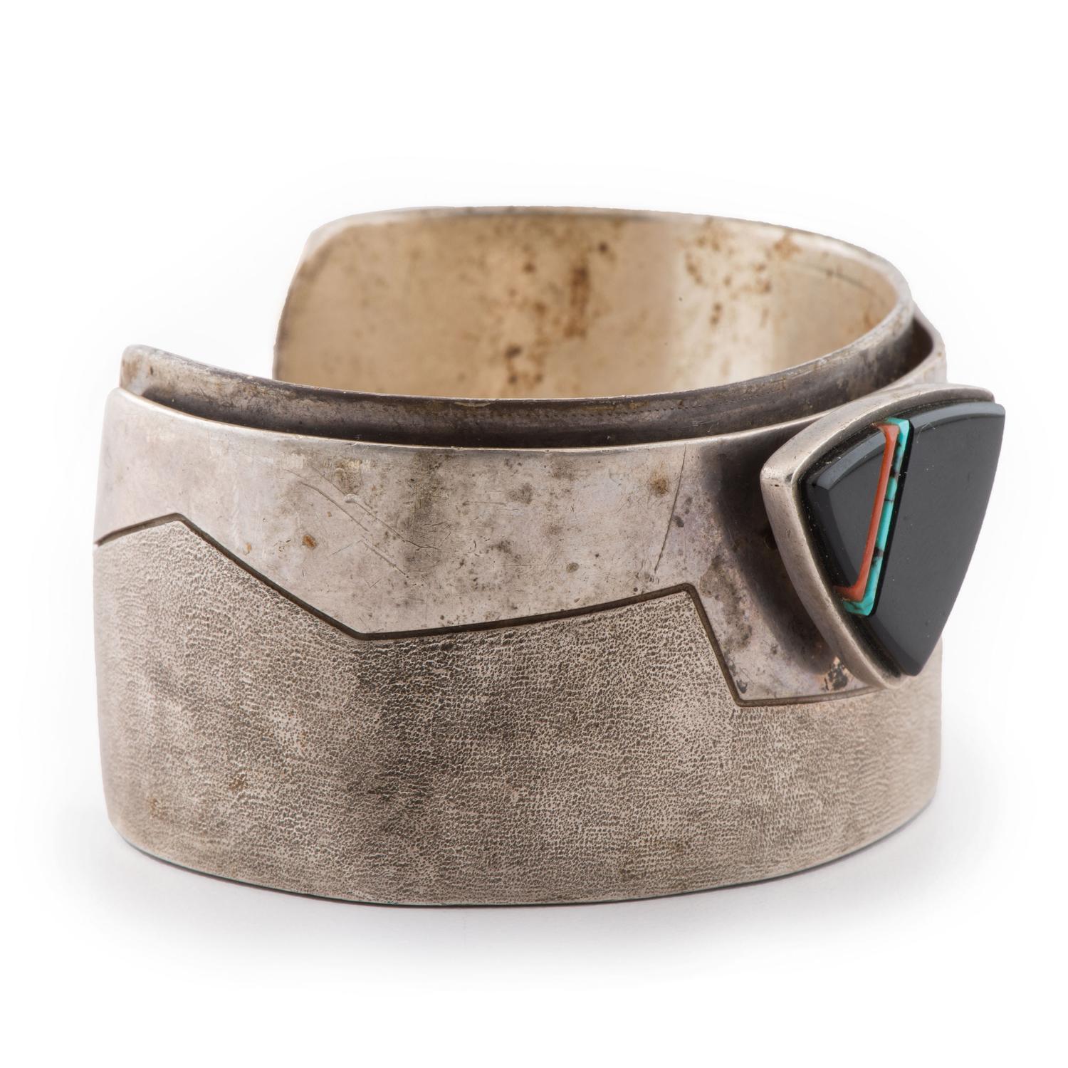 Silver, Jet, Turquoise, and Coral Cuff Bracelet