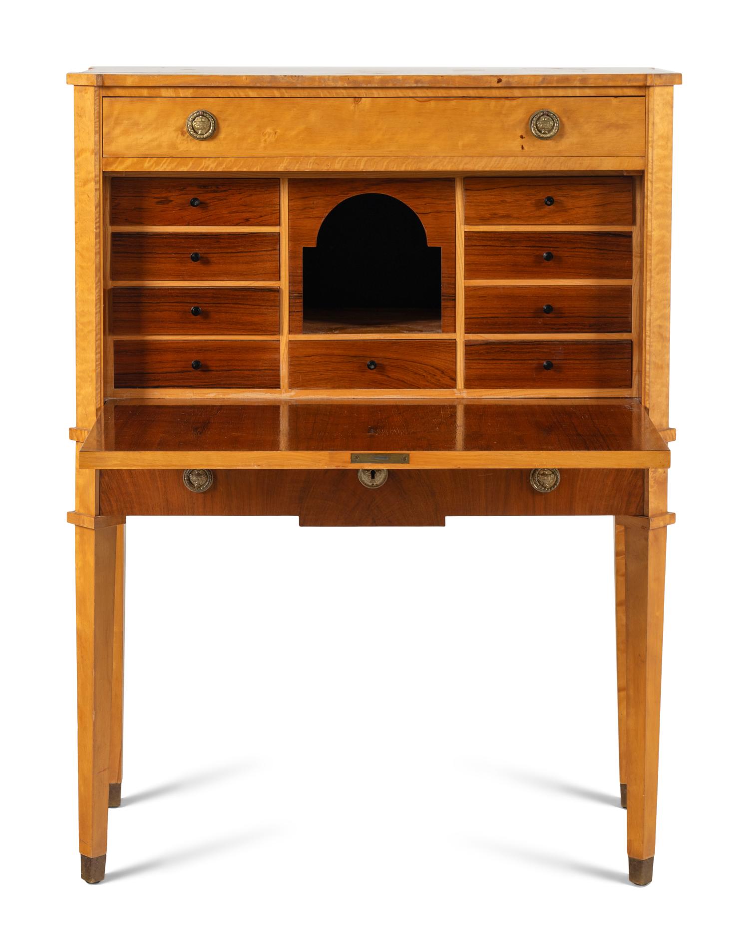A Swedish Neoclassical Style Birch, Mahogany, and Rosewood Fall-Front Bureau