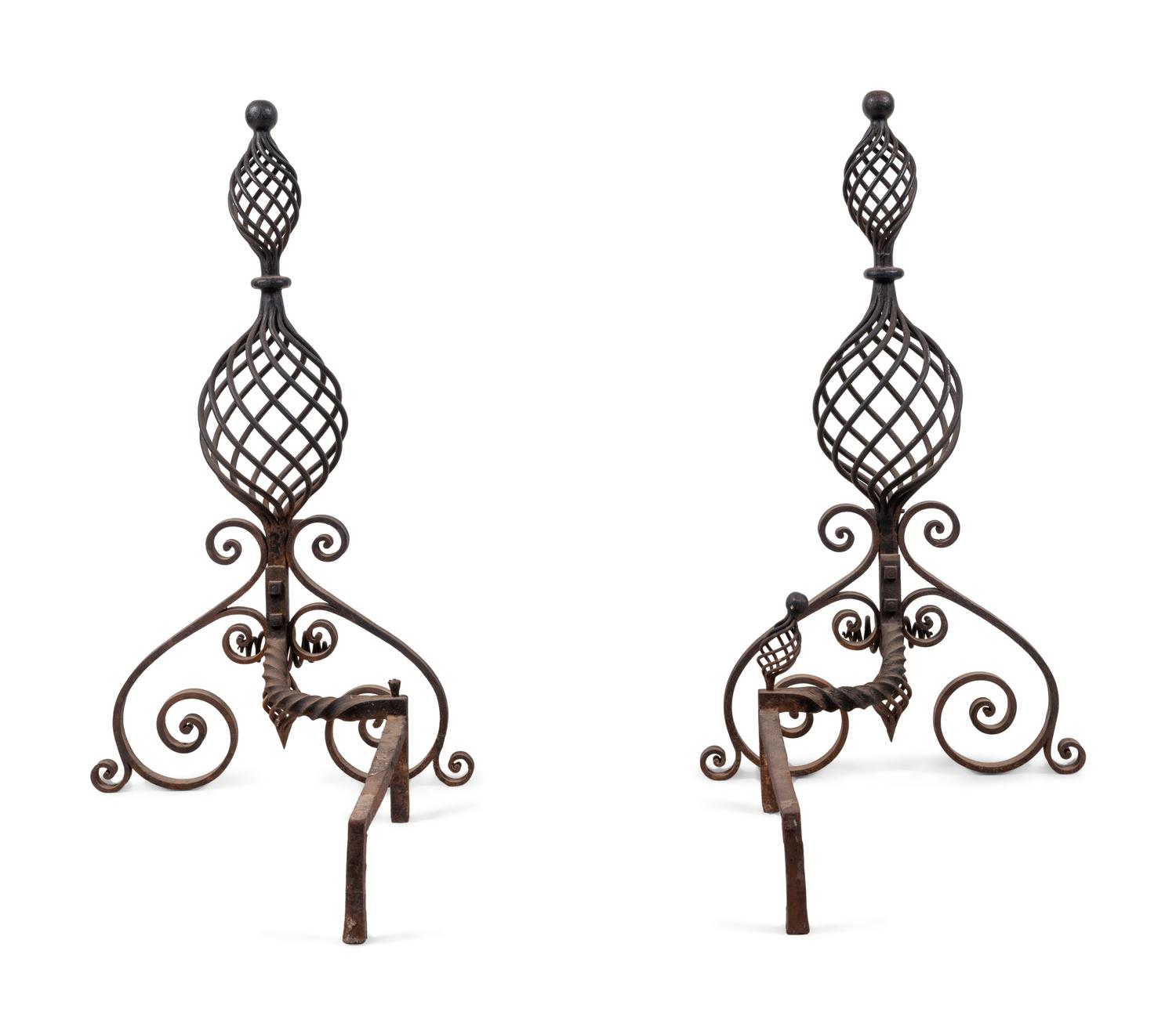 A Pair of Continental Iron Baluster-Twist Andirons