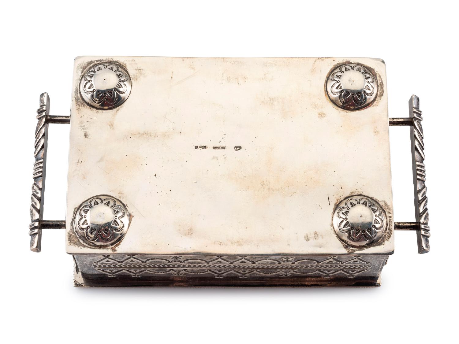 Award Winning Heavily Stamped Sterling Silver Lidded Box, with Repoussé Accents and Turquoise Cabochon