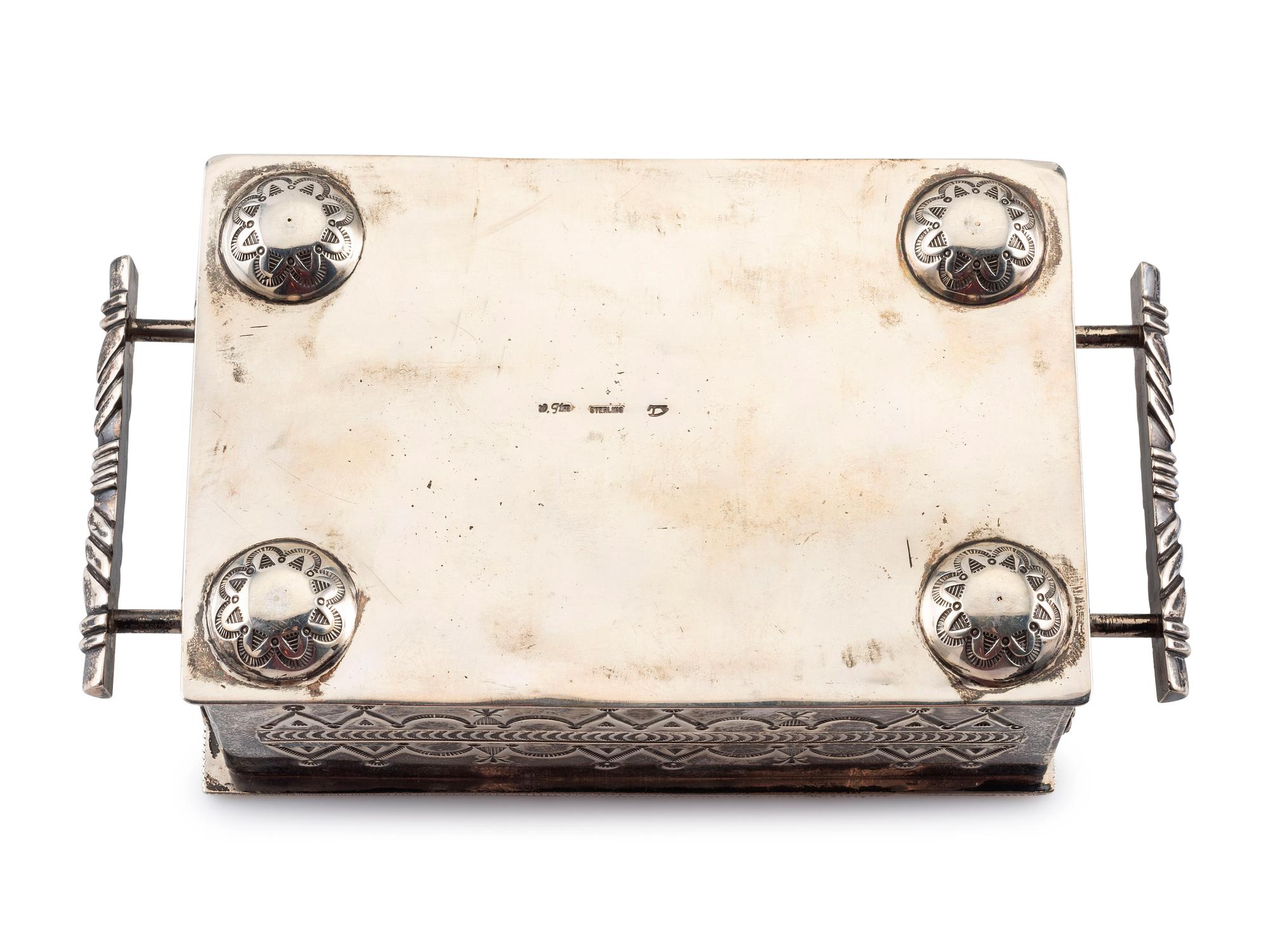 Award Winning Heavily Stamped Sterling Silver Lidded Box, with Repoussé Accents and Turquoise Cabochon