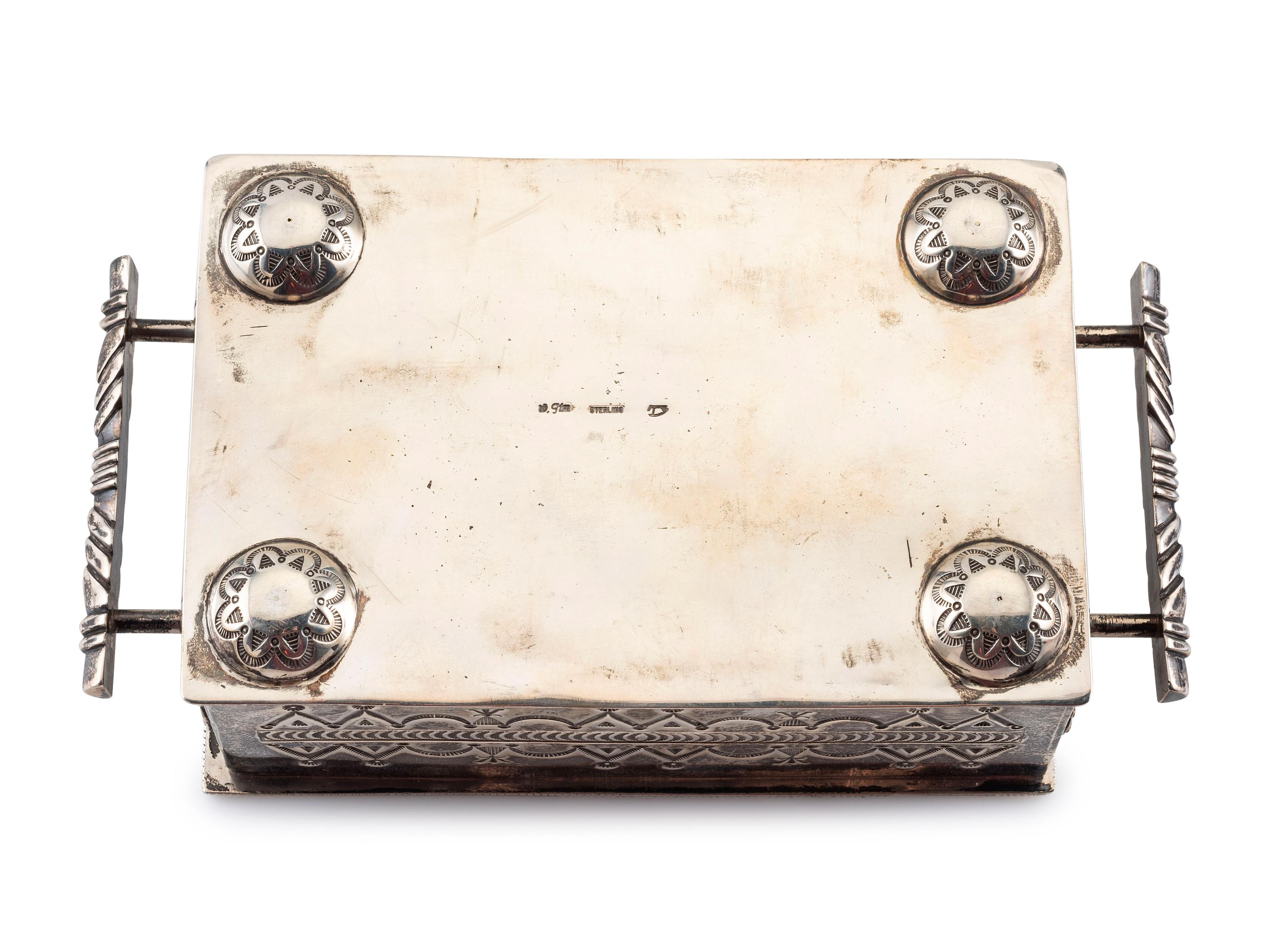 Award Winning Heavily Stamped Sterling Silver Lidded Box, with Repoussé Accents and Turquoise Cabochon
