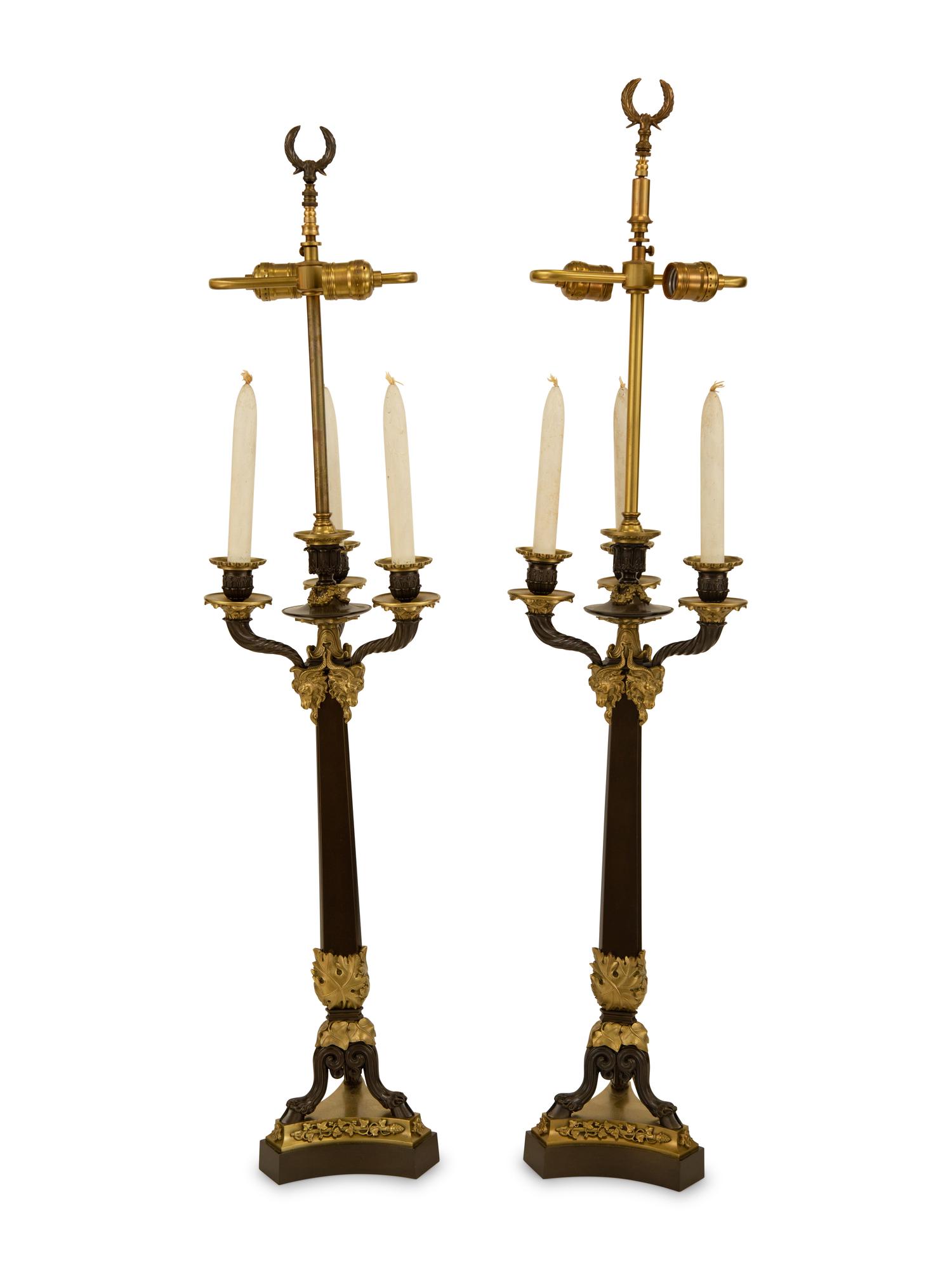 A Pair of Empire Style Ebonized and Gilt Bronze Four-Light Candelabra Mounted as Lamps — 19th/20th Century