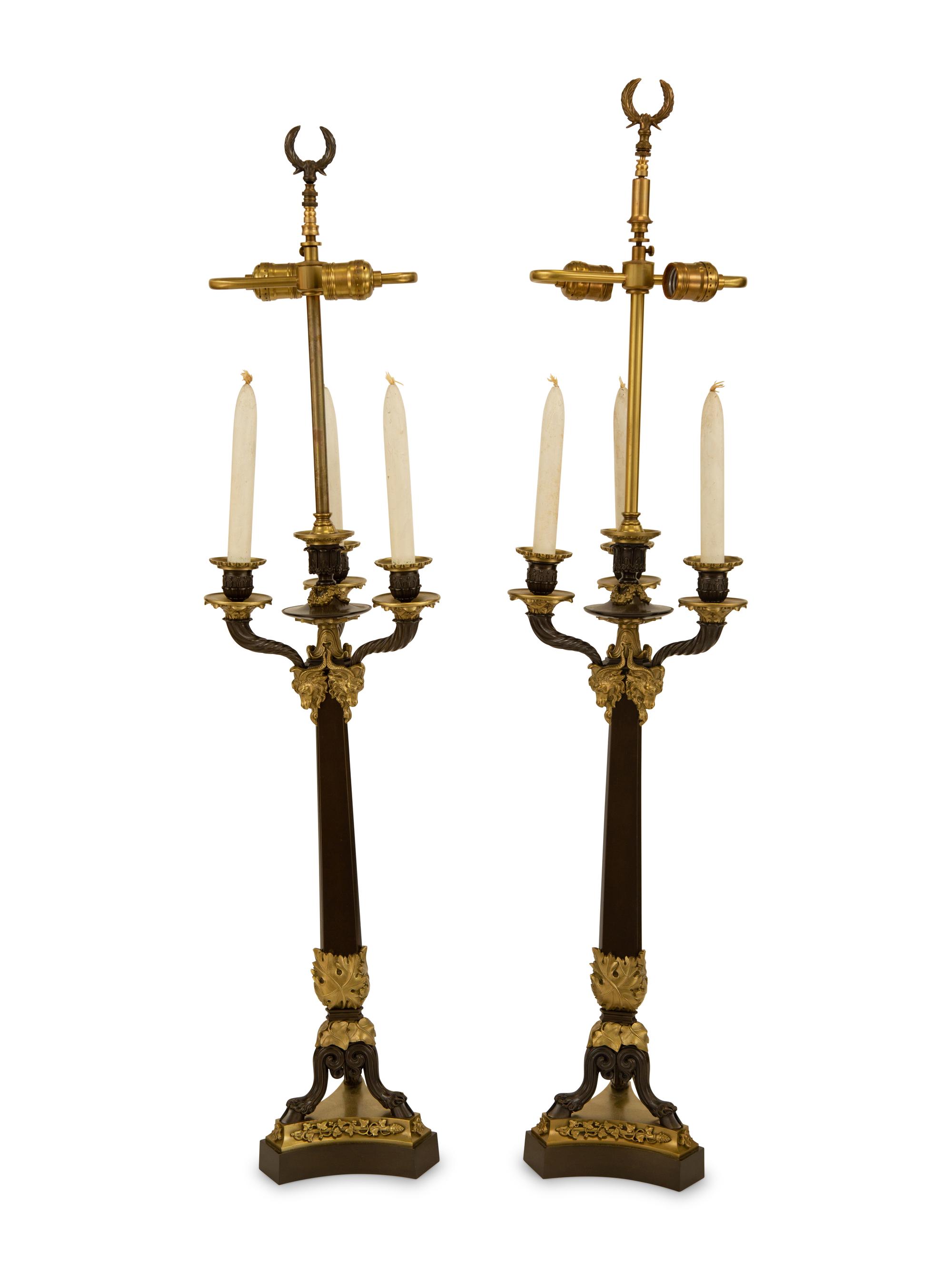 A Pair of Empire Style Ebonized and Gilt Bronze Four-Light Candelabra Mounted as Lamps — 19th/20th Century
