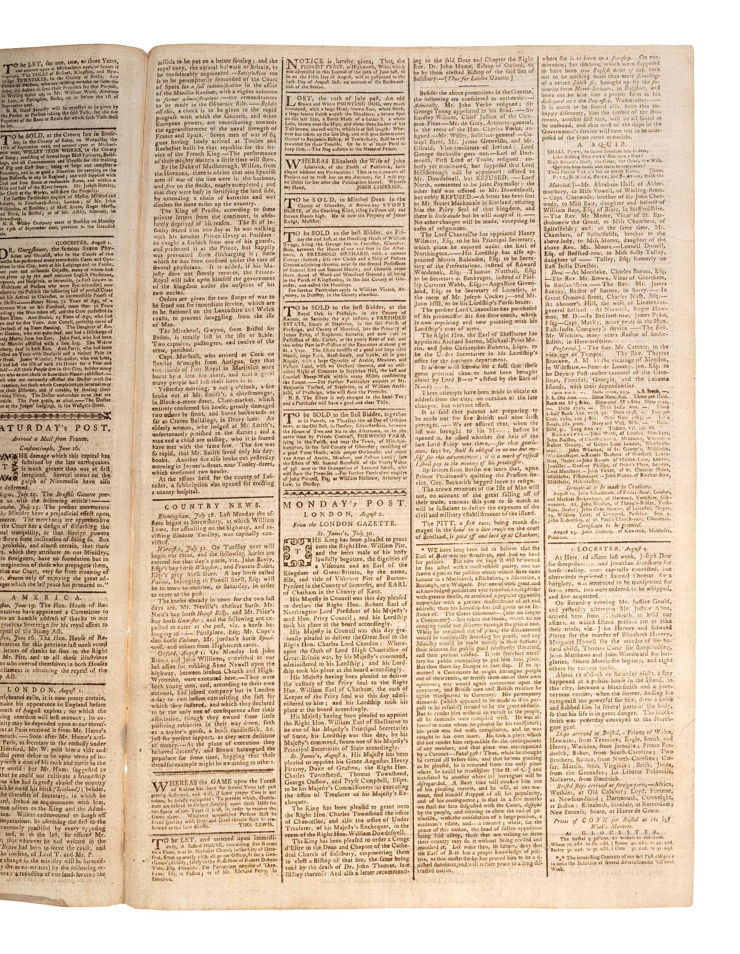 [PRE-REVOLUTIONARY WAR]. The Glocester Journal . Vol. XLV, No. 2306. Gloucester, England: R. Raikes, 4 August 1766.