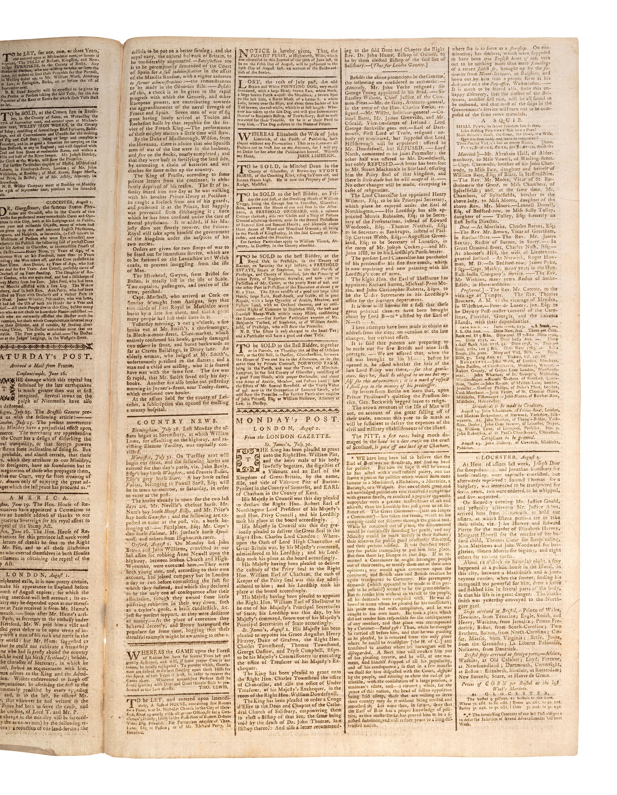 [PRE-REVOLUTIONARY WAR]. The Glocester Journal . Vol. XLV, No. 2306. Gloucester, England: R. Raikes, 4 August 1766.