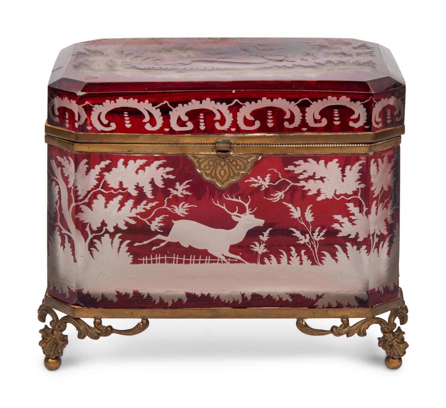A Bohemian Cut-to-Clear Cranberry Glass Table Casket
