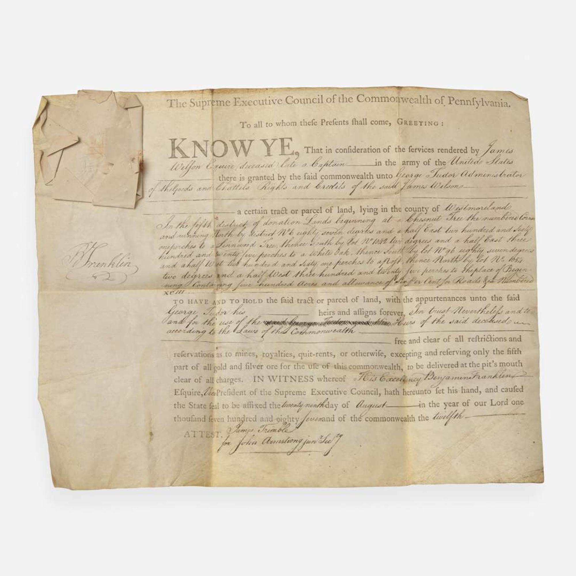 [Americana] Franklin, Benjamin Partially-Printed Document, signed
