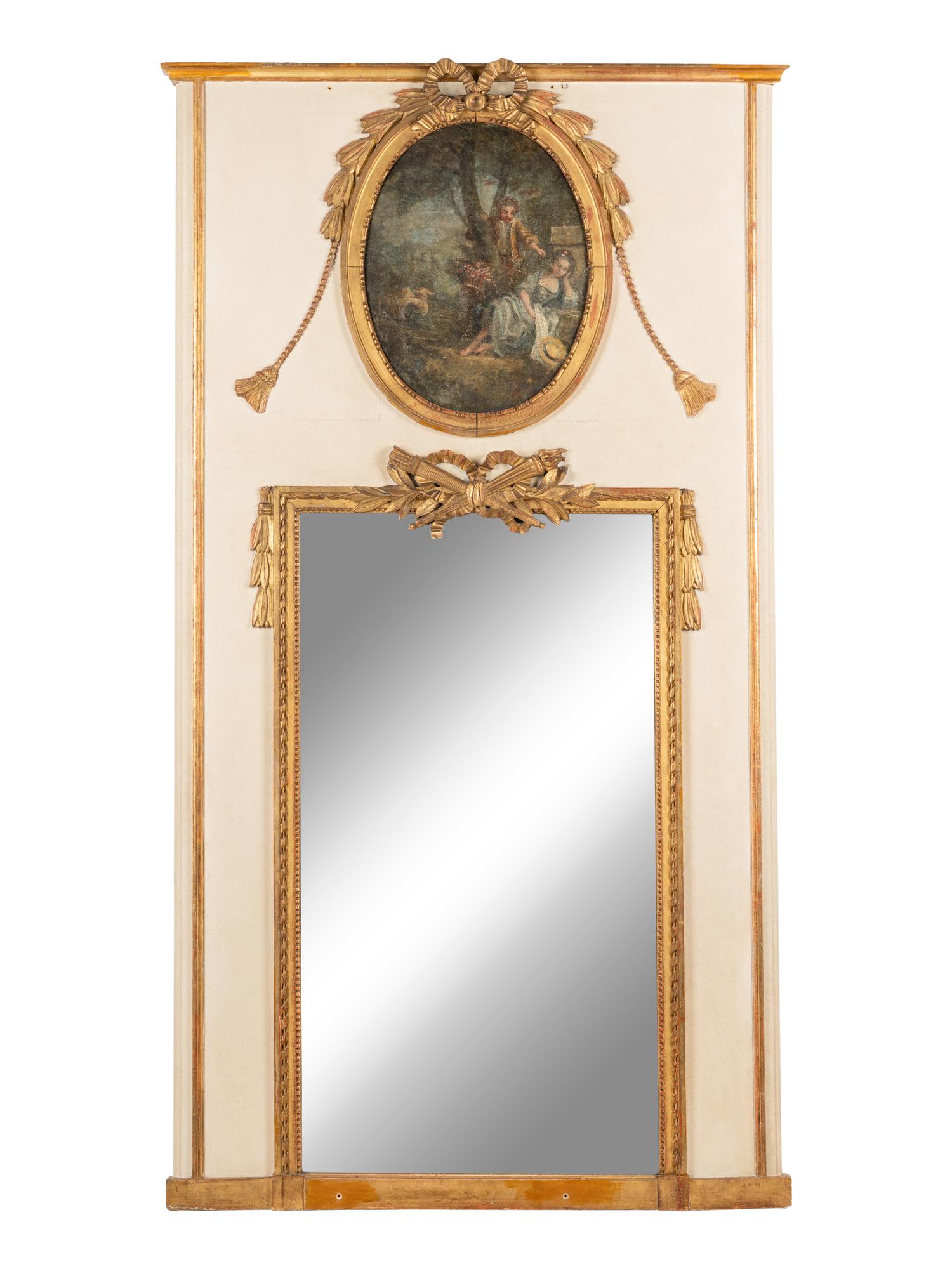 A French Painted and Parcel Gilt Trumeau Mirror