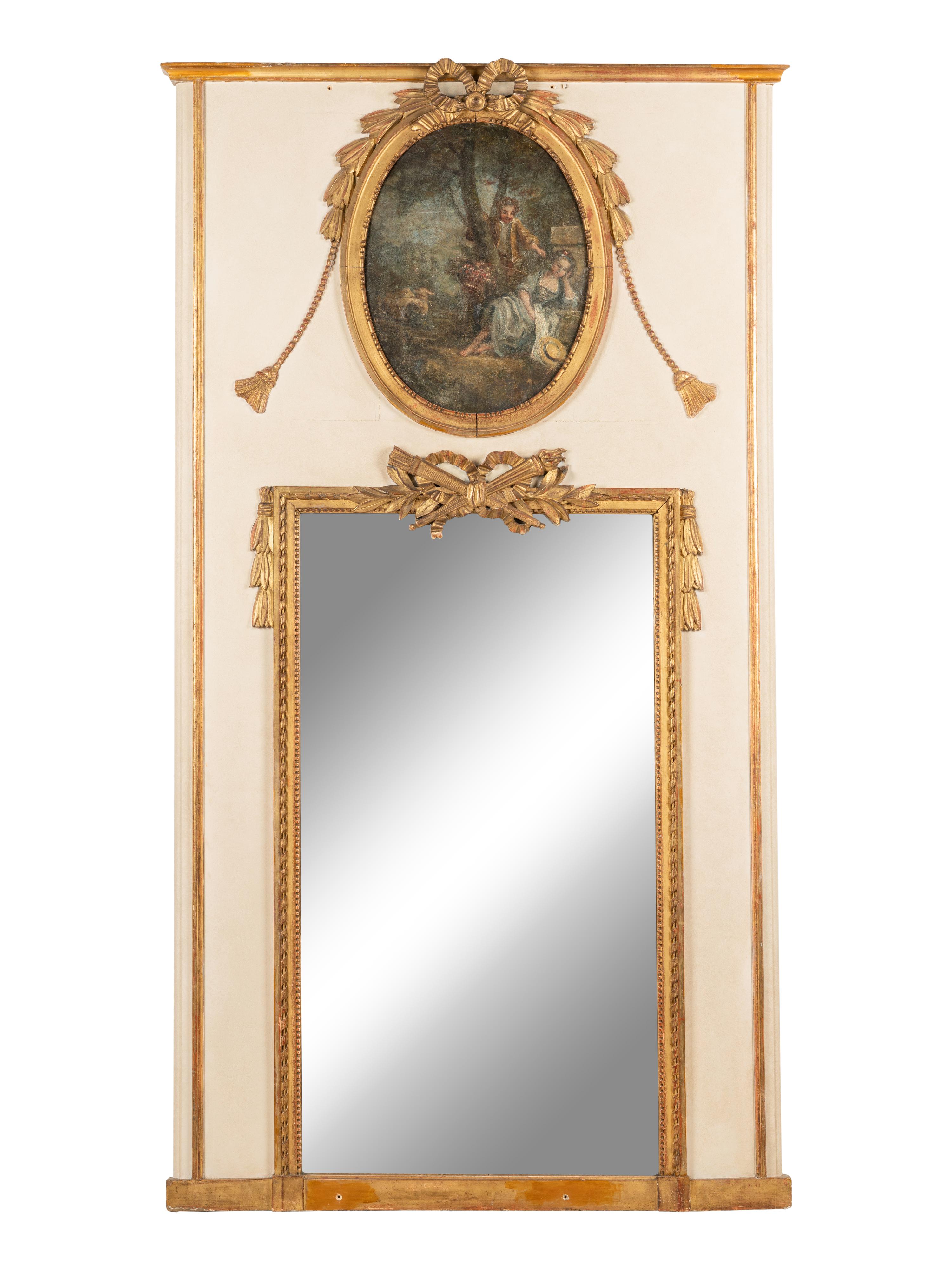 A French Painted and Parcel Gilt Trumeau Mirror