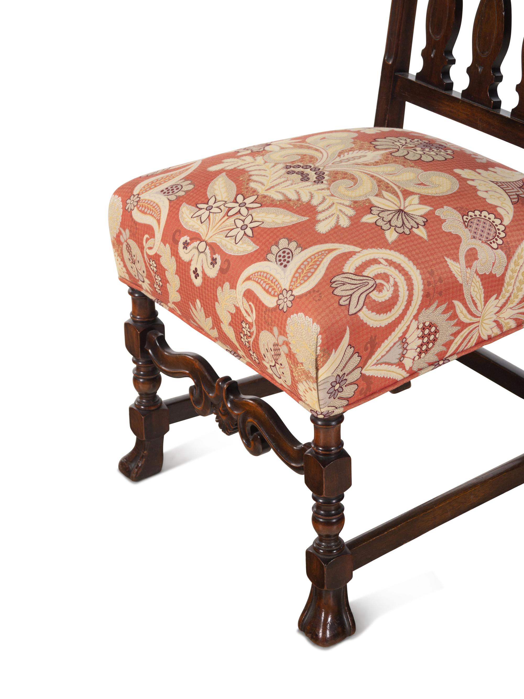 A Pair of William and Mary Style Mahogany Hall Chairs with Scalamandré Upholstery