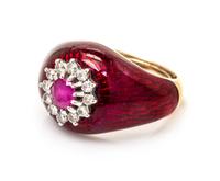 An 18 Karat Yellow Gold, Ruby, Diamond and Enamel Ring, 7.90 dwts.