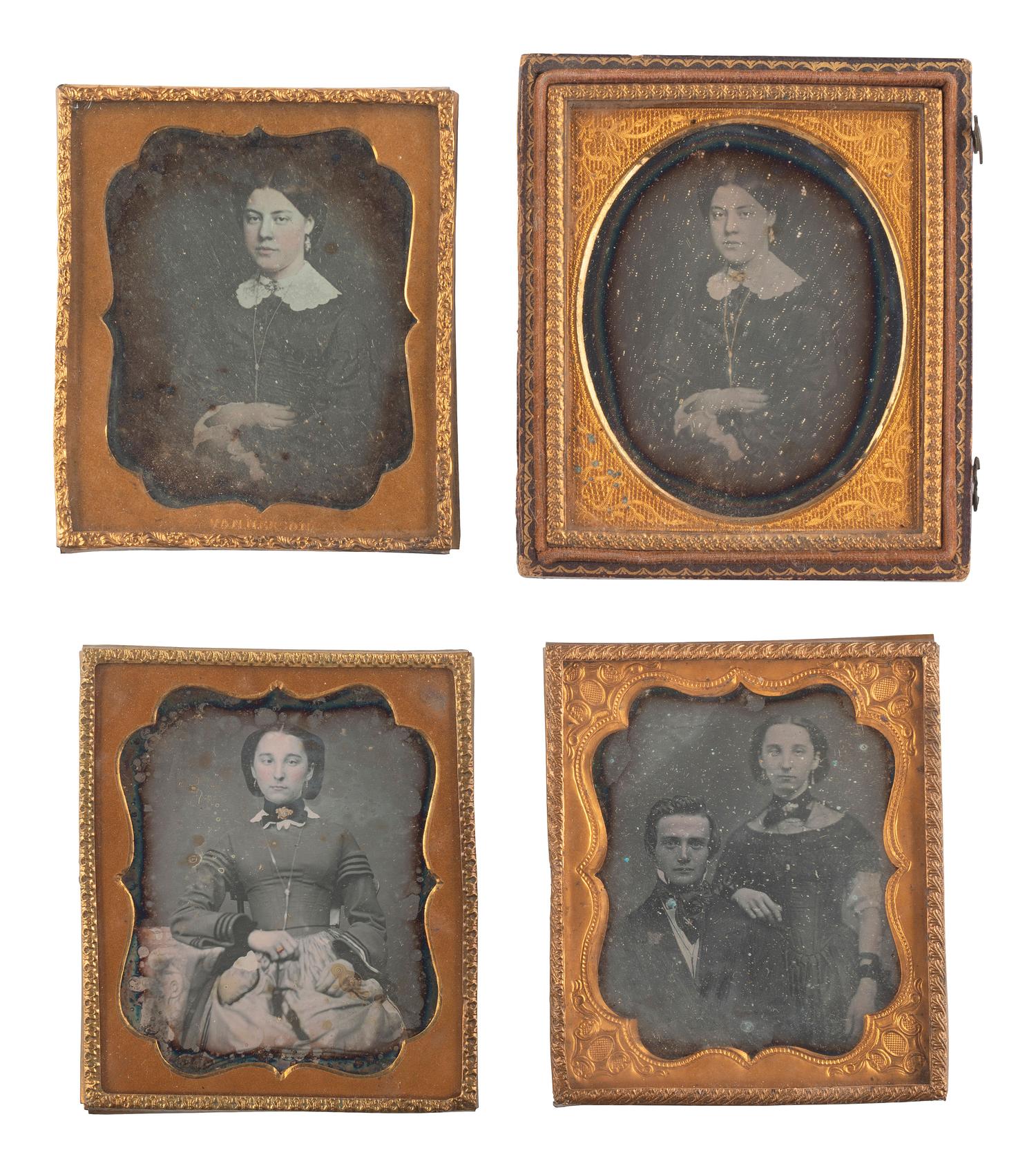 [EARLY PHOTOGRAPHY]. A collection of pairs and trios of portraits featuring the same male and female subjects, many likely copy images, including: