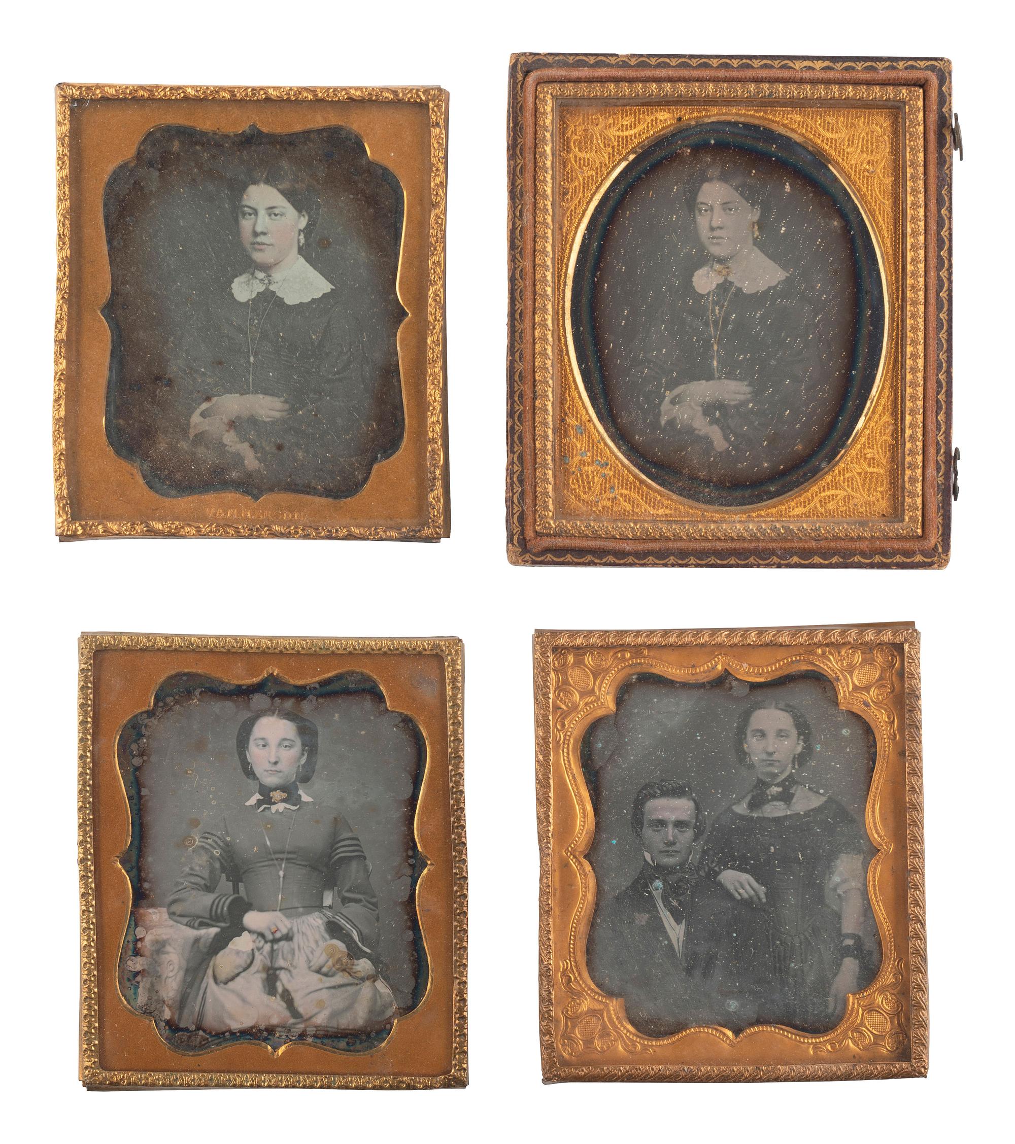 [EARLY PHOTOGRAPHY]. A collection of pairs and trios of portraits featuring the same male and female subjects, many likely copy images, including: