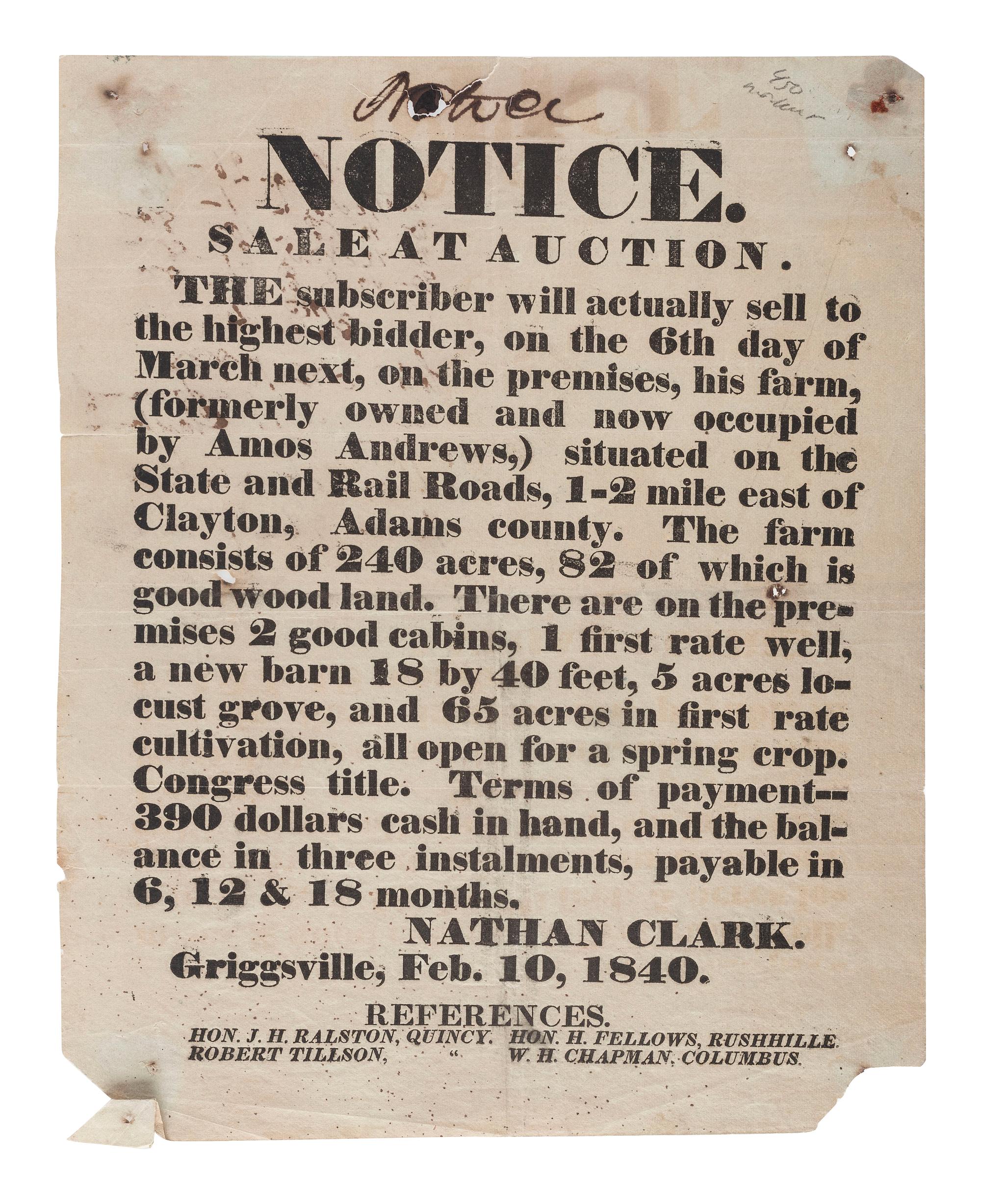 [ILLINOIS]. A group of 5 early Illinois land sale broadsides, comprising: