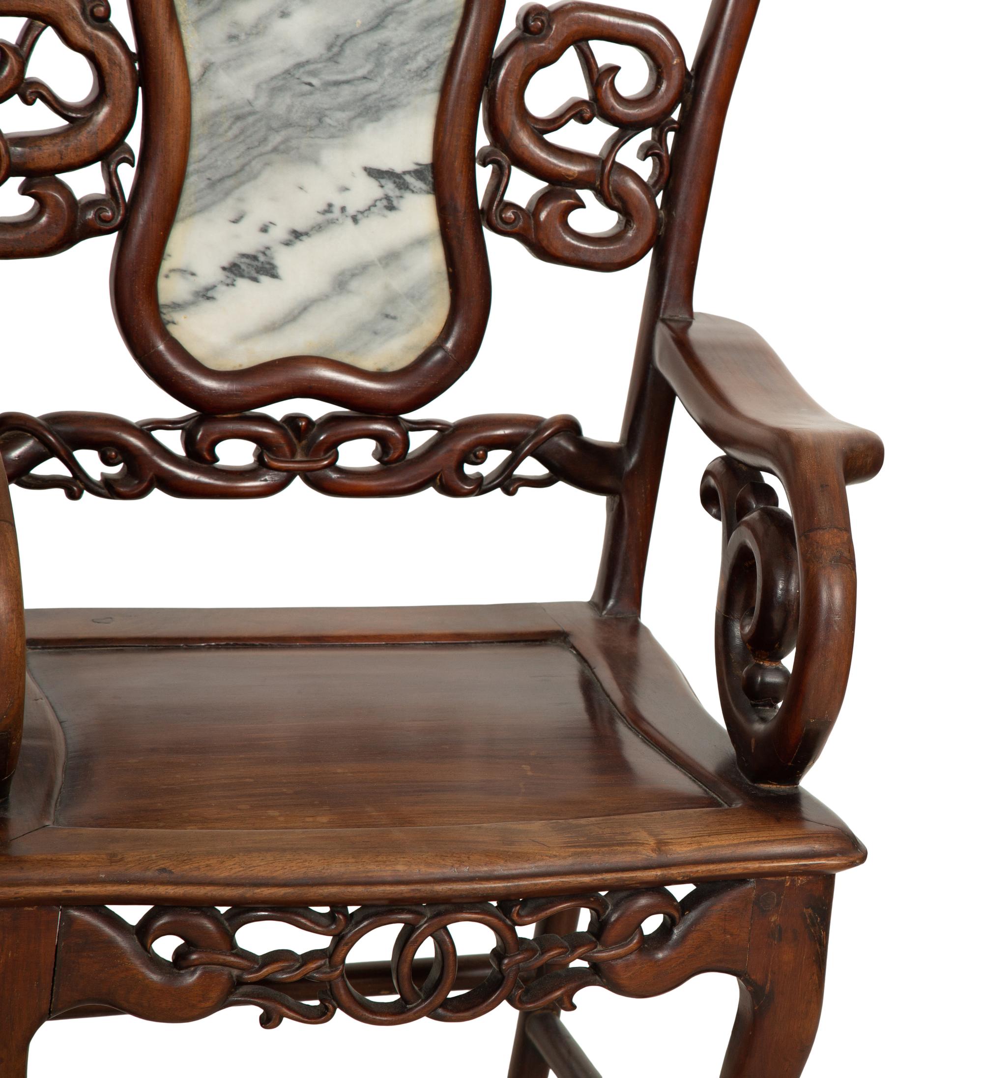 A Pair of Chinese Marble-Inset Hardwood Armchairs