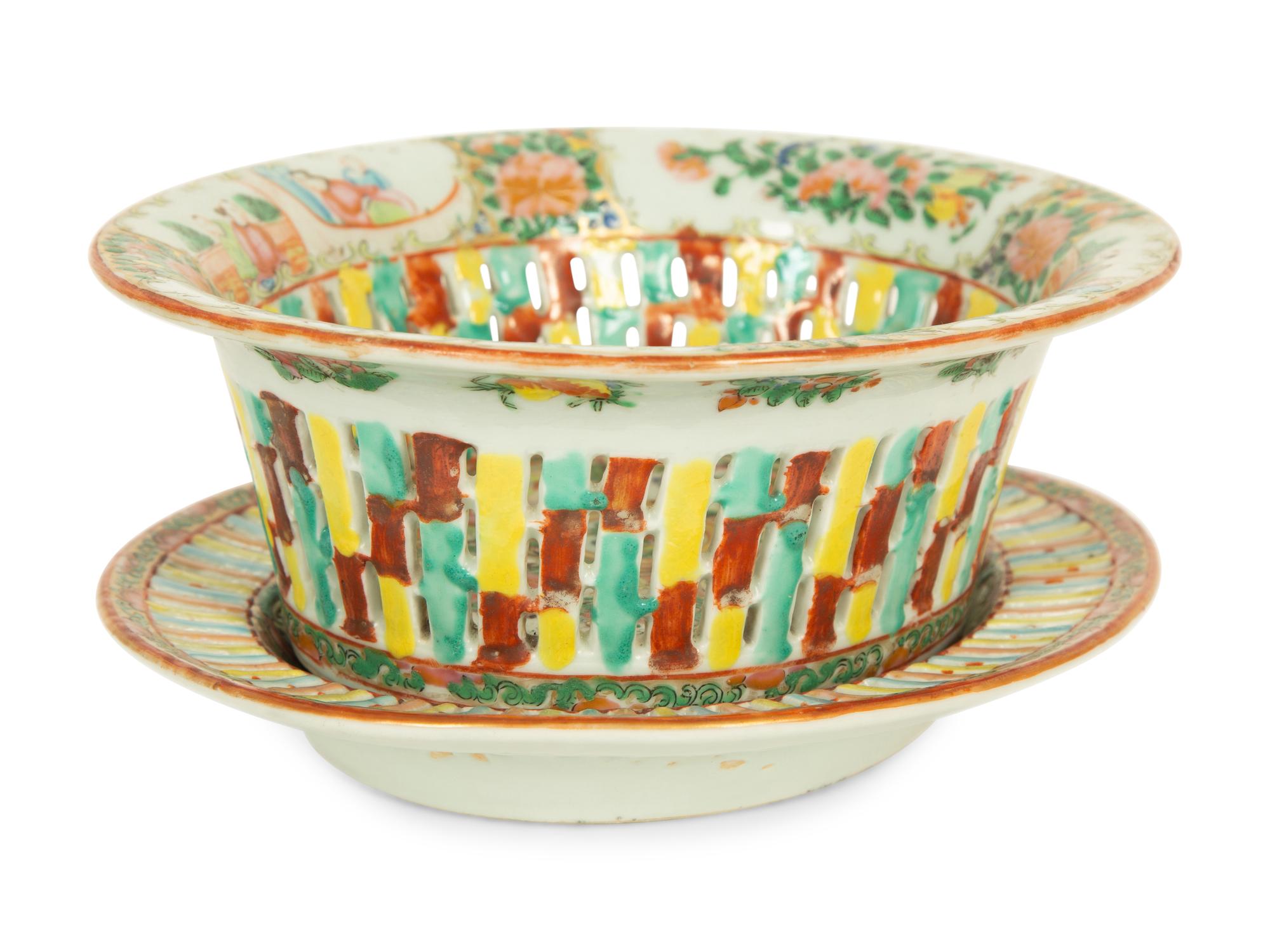 A Chinese Rose Medallion Porcelain Basket and Undertray