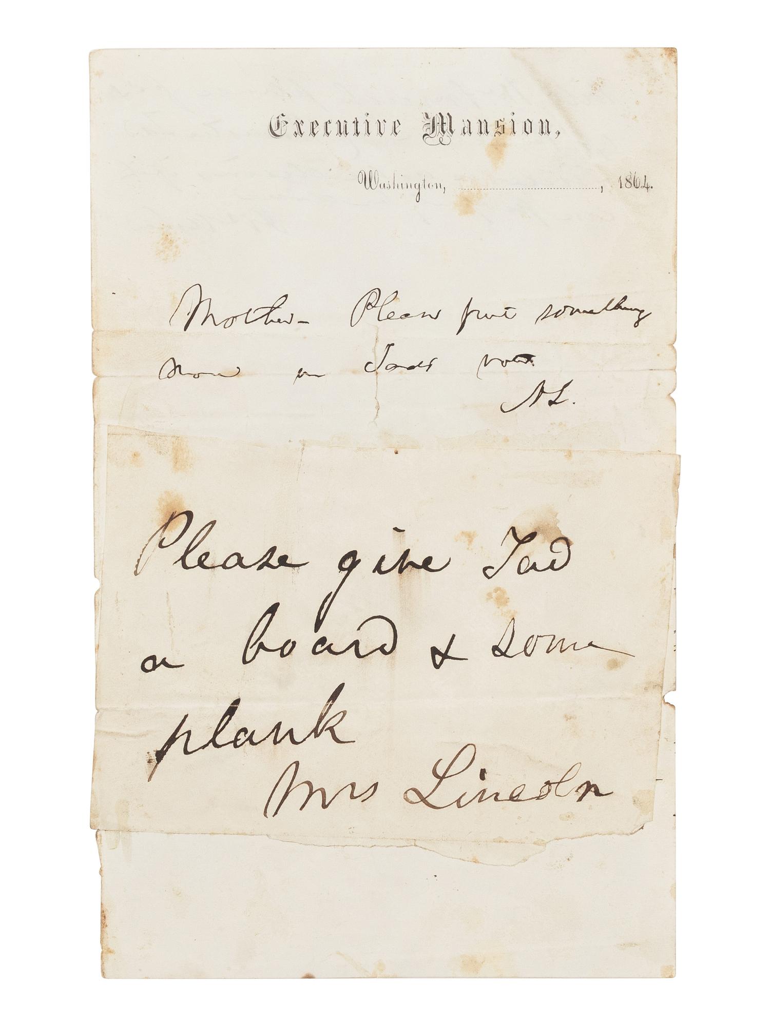 LINCOLN, Abraham (1809-1865). Autograph note initialed ("AL") as president to Mary Todd Lincoln with her autograph note signed ("Mrs Lincoln") affixed to same. Washington, D.C., [ca. 20 May] 1864.