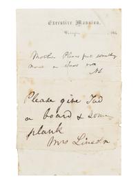 LINCOLN, Abraham (1809-1865). Autograph note initialed ("AL") as president to Mary Todd Lincoln with her autograph note signed ("Mrs Lincoln") affixed to same. Washington, D.C., [ca. 20 May] 1864.