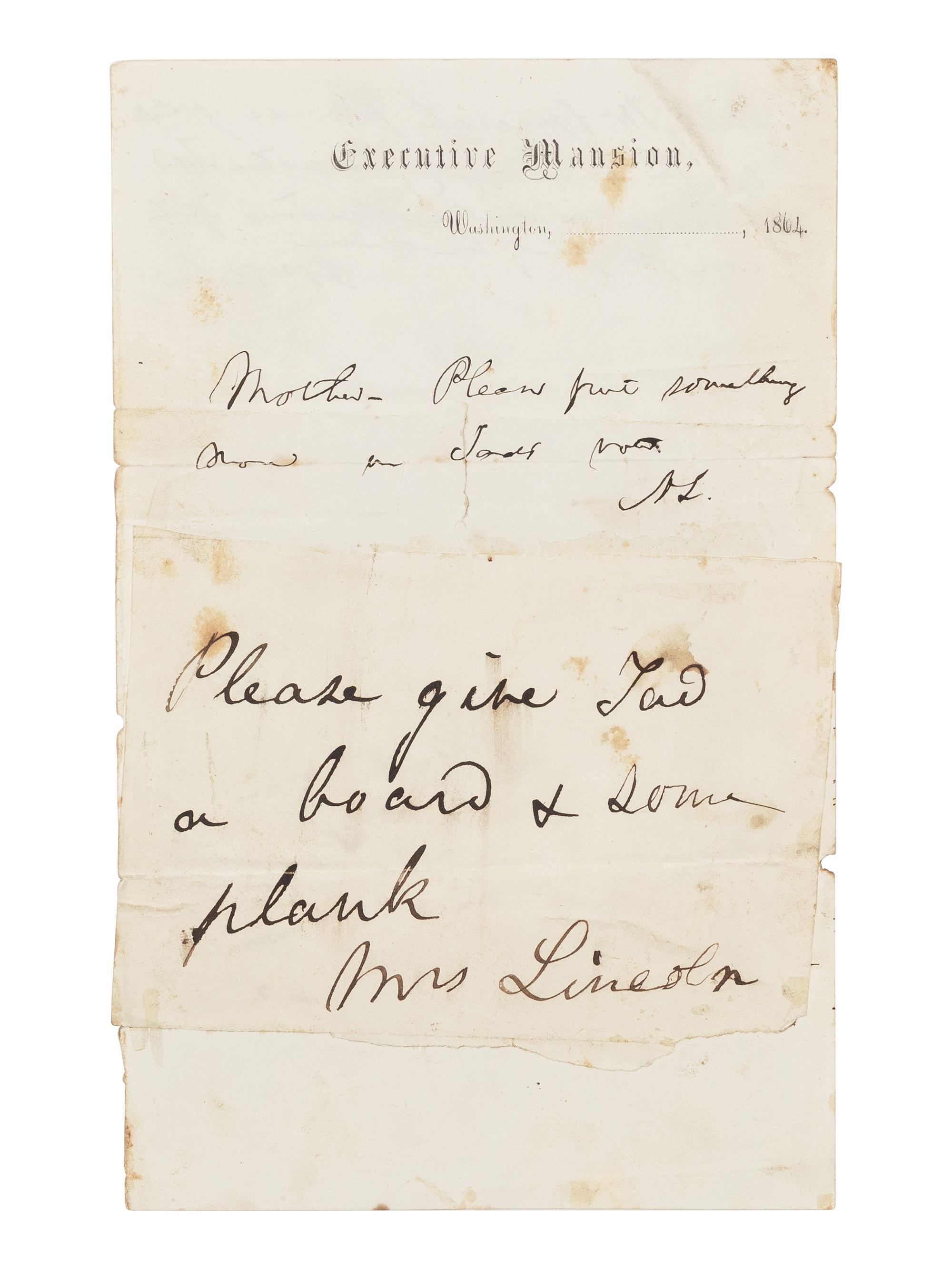 LINCOLN, Abraham (1809-1865). Autograph note initialed ("AL") as president to Mary Todd Lincoln with her autograph note signed ("Mrs Lincoln") affixed to same. Washington, D.C., [ca. 20 May] 1864.