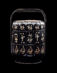 A Chinese Mother-of-Pearl Inlaid Black Lacquer Two-Tier Food Basket, Tihe