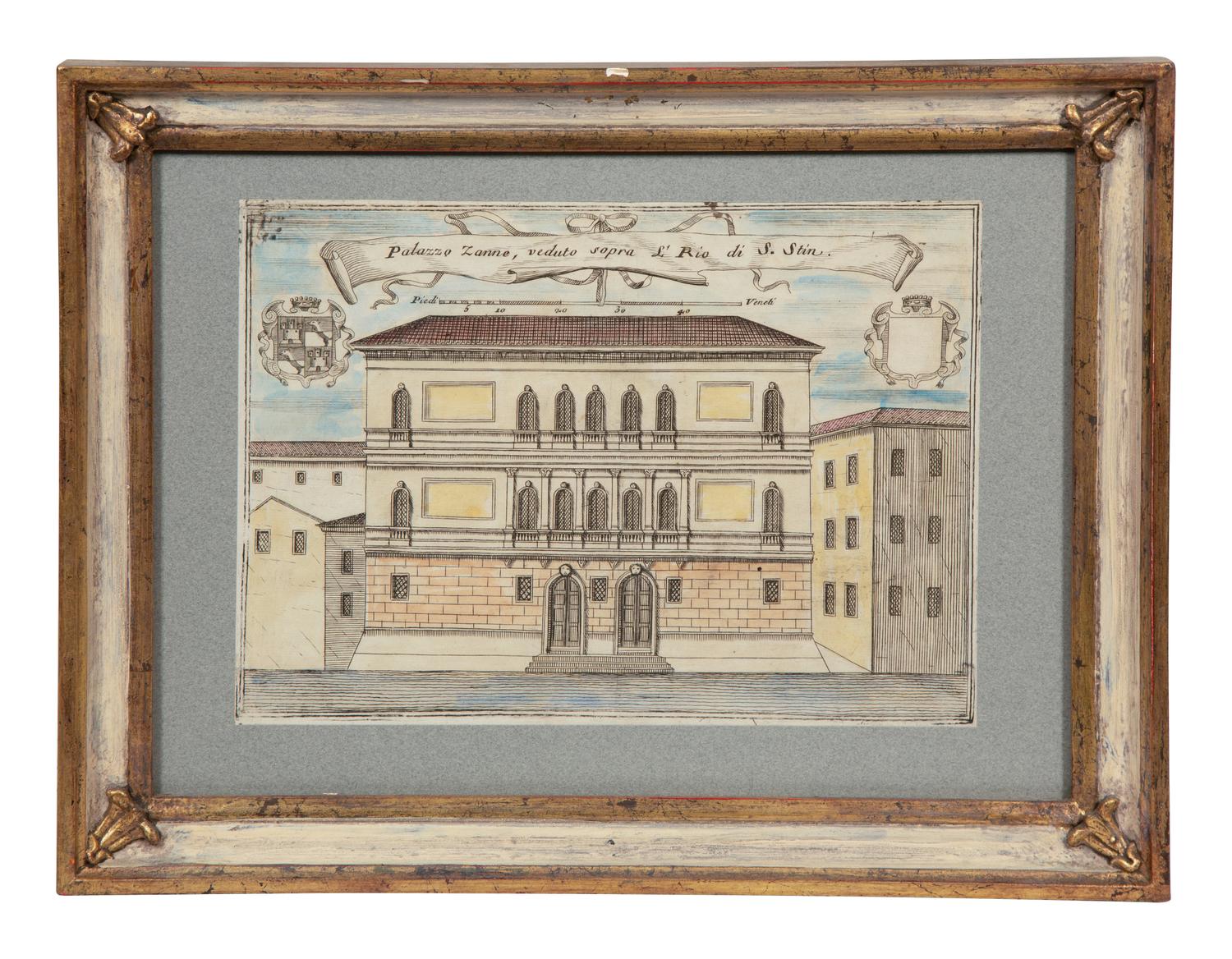 A Set of Nine Italian Hand-Colored Engravings Depicting Venetian Palaces