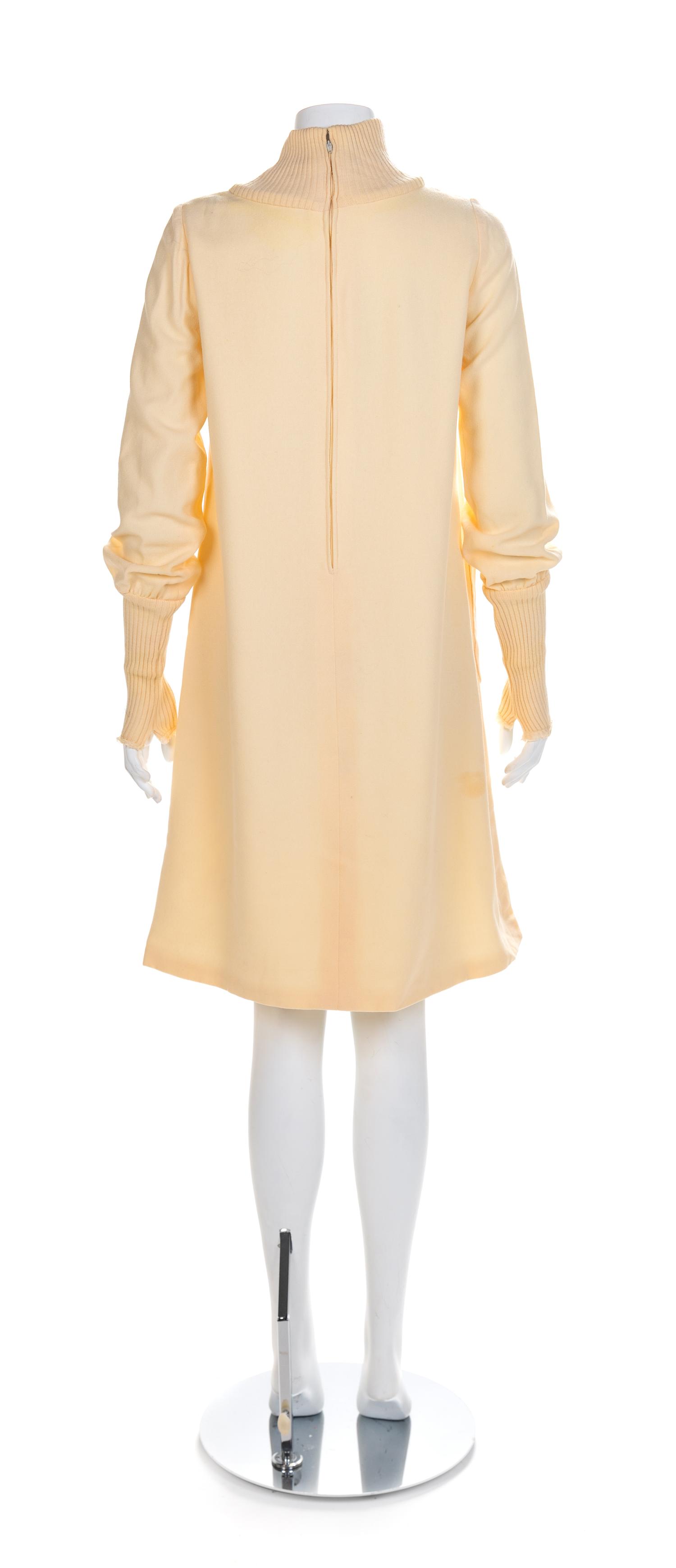 Harold Levine Cream Dress with Knit Collar and Cuffs, 1960-70s No size label