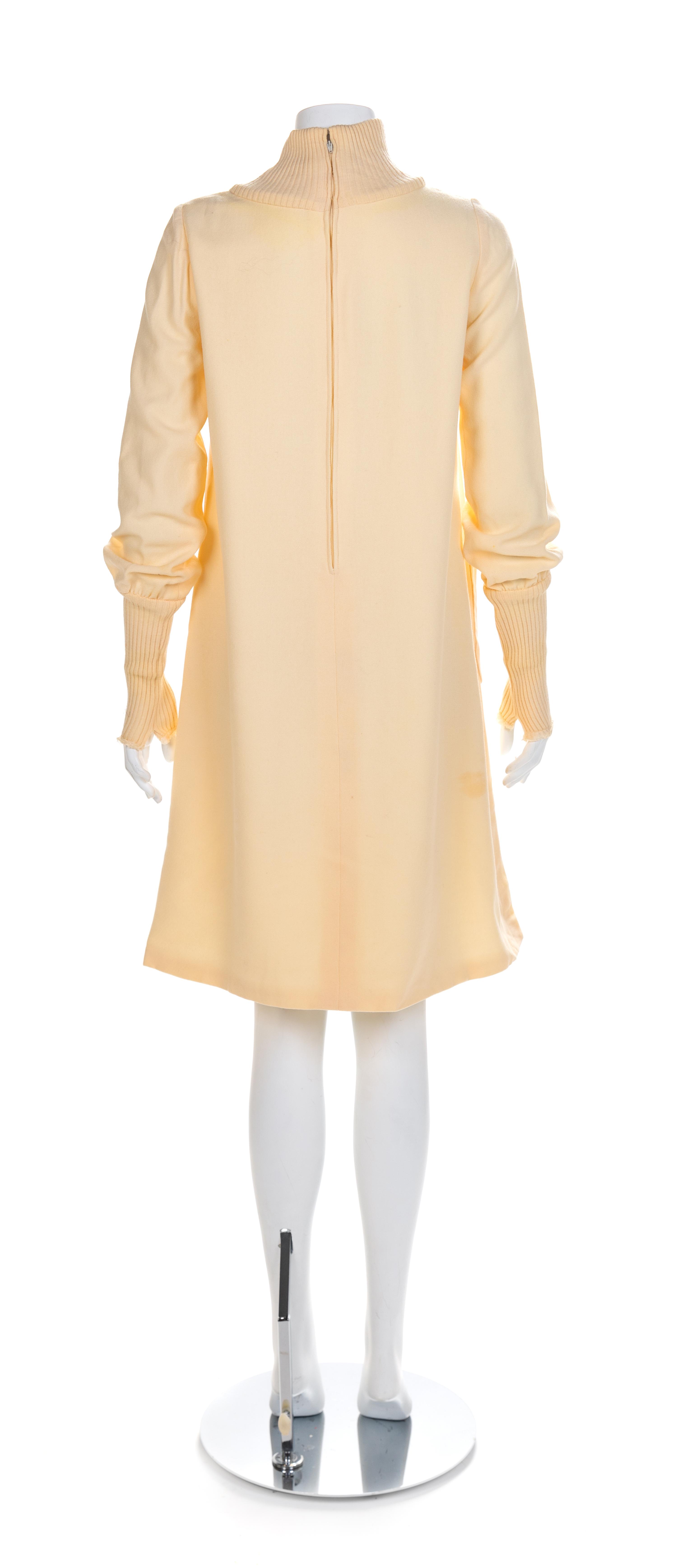Harold Levine Cream Dress with Knit Collar and Cuffs, 1960-70s No size label