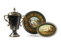 Two French Painted Tole Trays and a Tole Water Urn