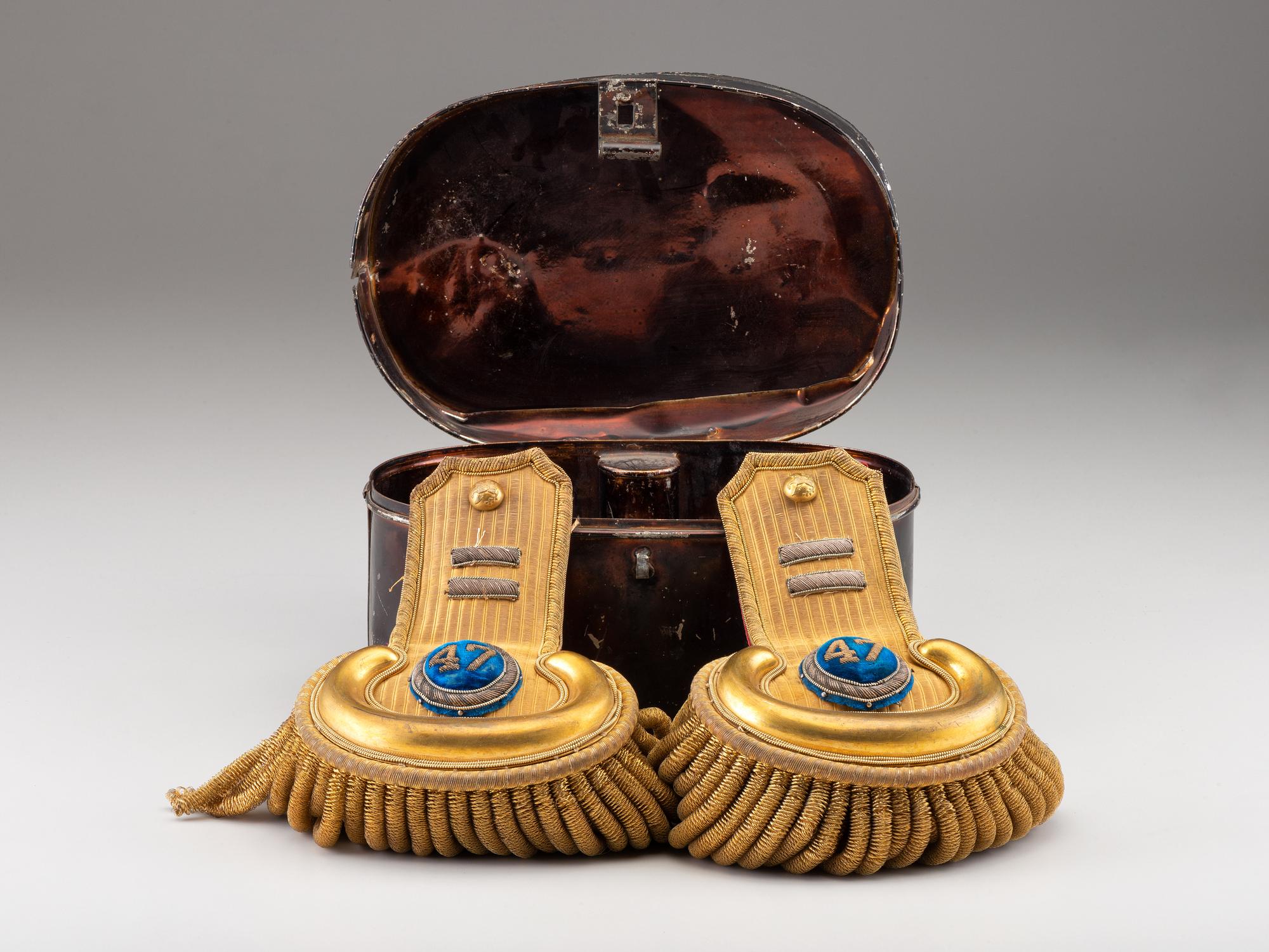 [MILITARIA]. Model 1851 epaulettes and original case identified to Captain John C.E. Hinrichs, Co. E, 47th New York regiment, New York National Guard.