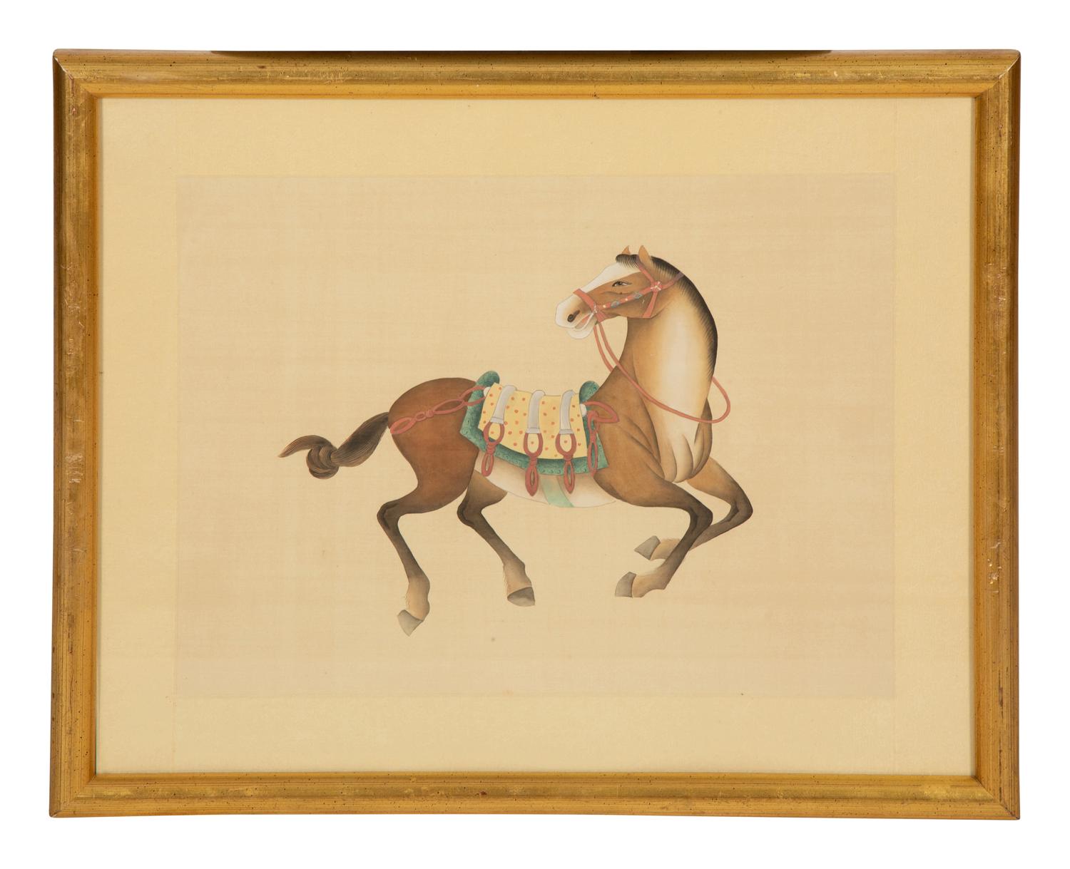 A Group of Four Chinese Gilt Framed Watercolors of Horses
