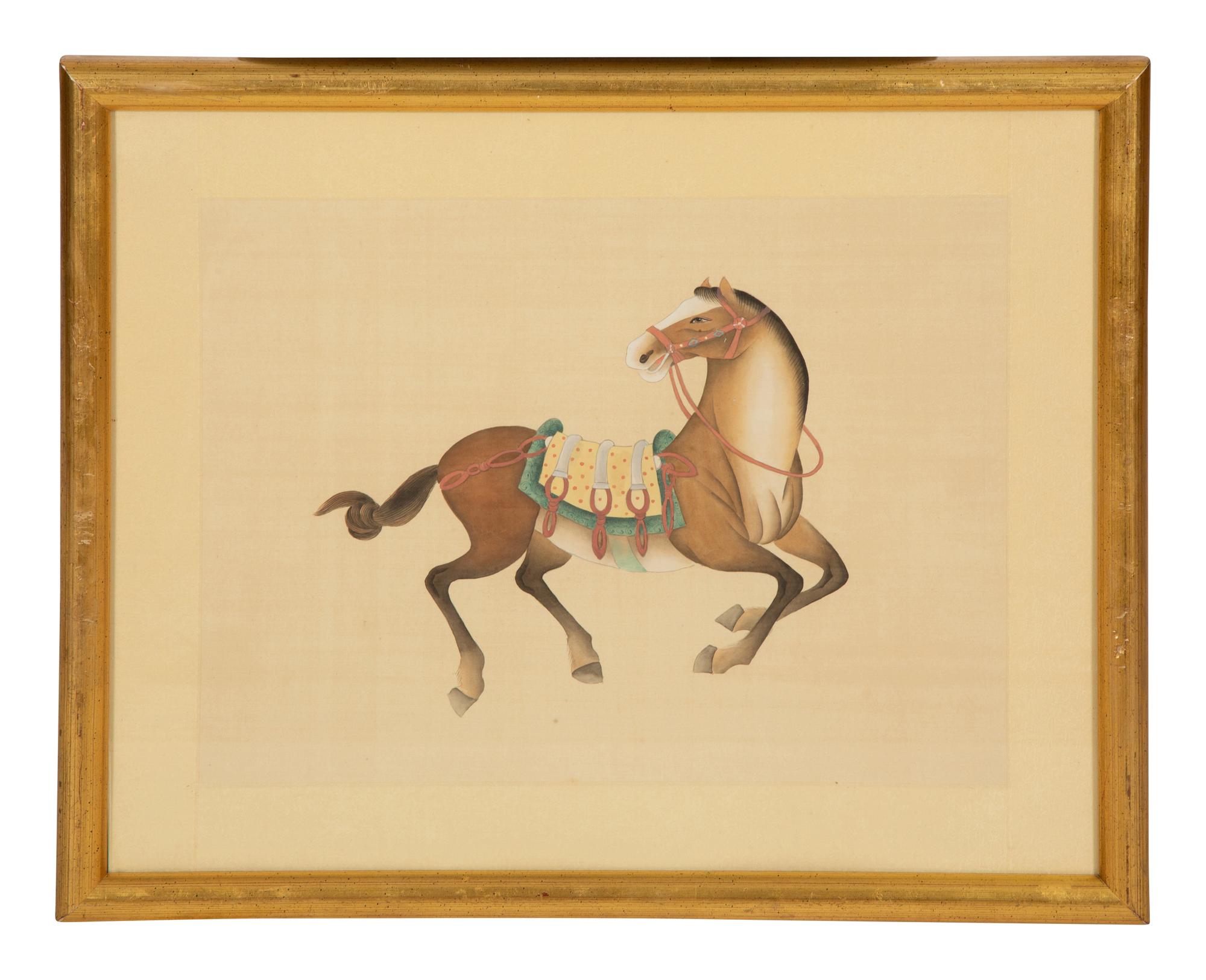 A Group of Four Chinese Gilt Framed Watercolors of Horses