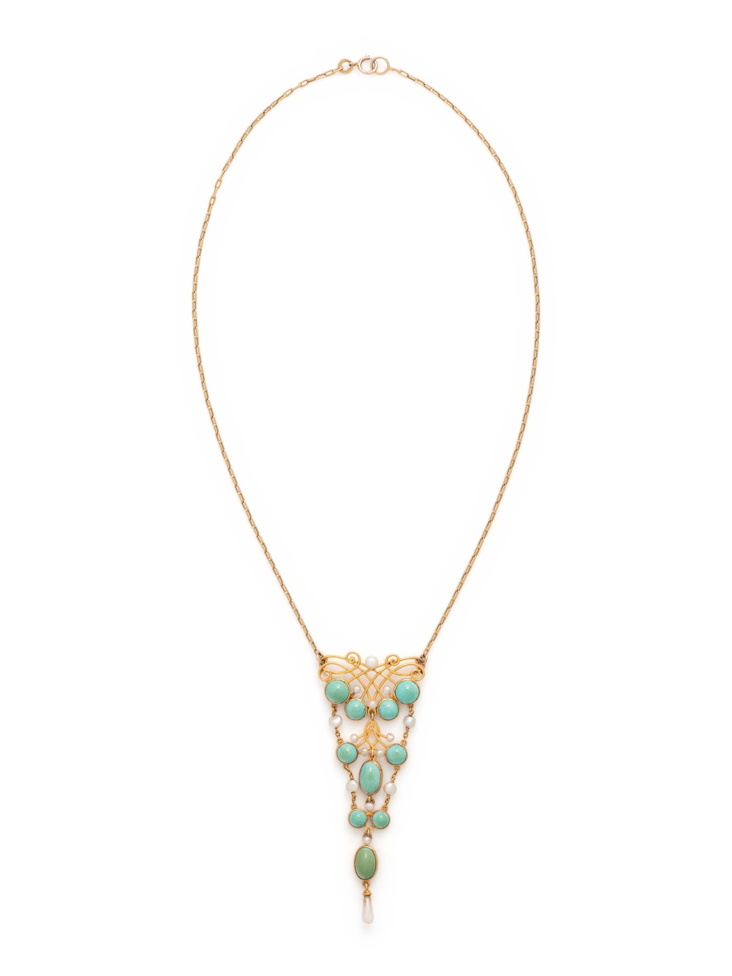 ART NOUVEAU, YELLOW GOLD, TURQUOISE AND PEARL NECKLACE