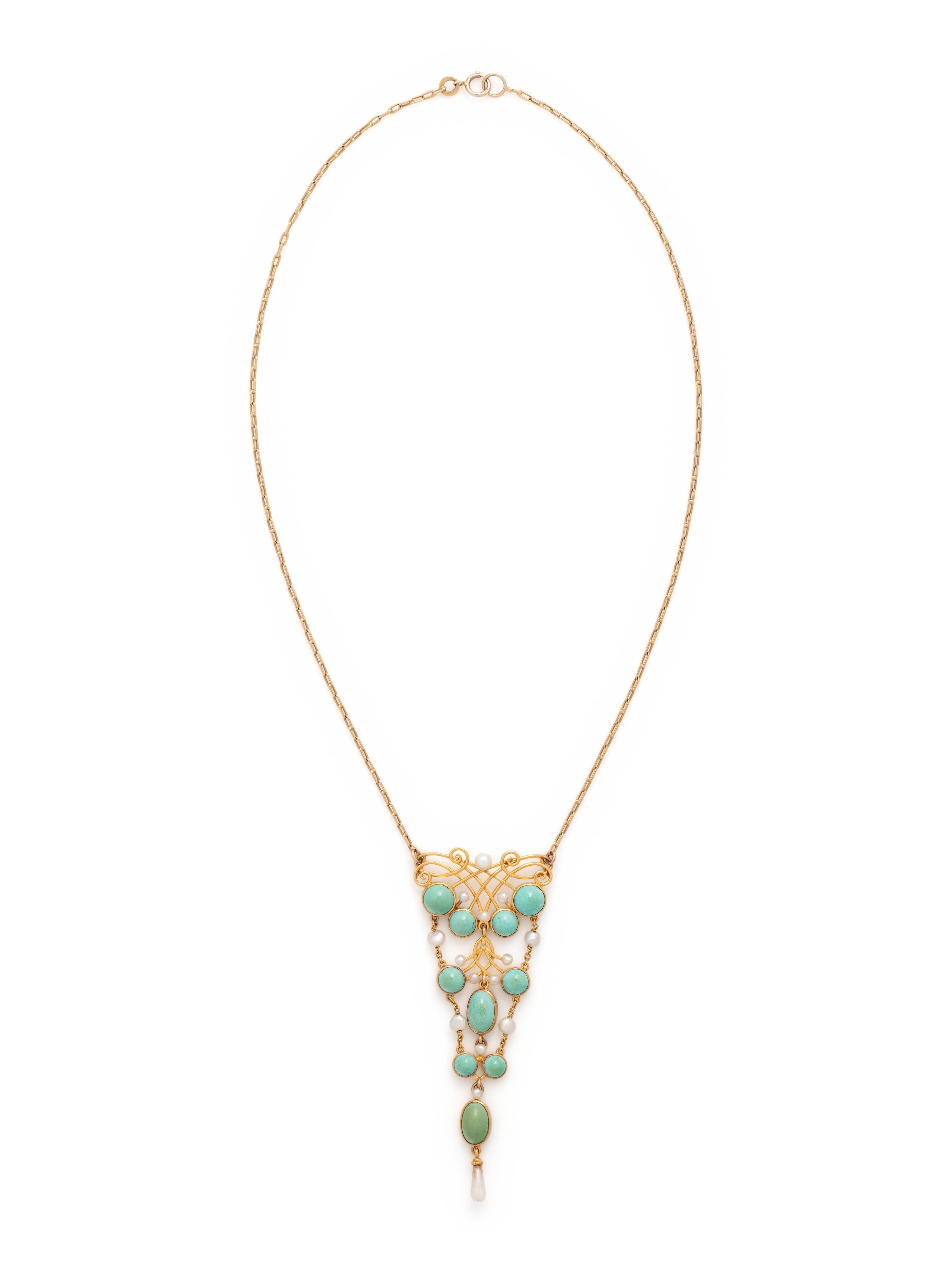 ART NOUVEAU, YELLOW GOLD, TURQUOISE AND PEARL NECKLACE
