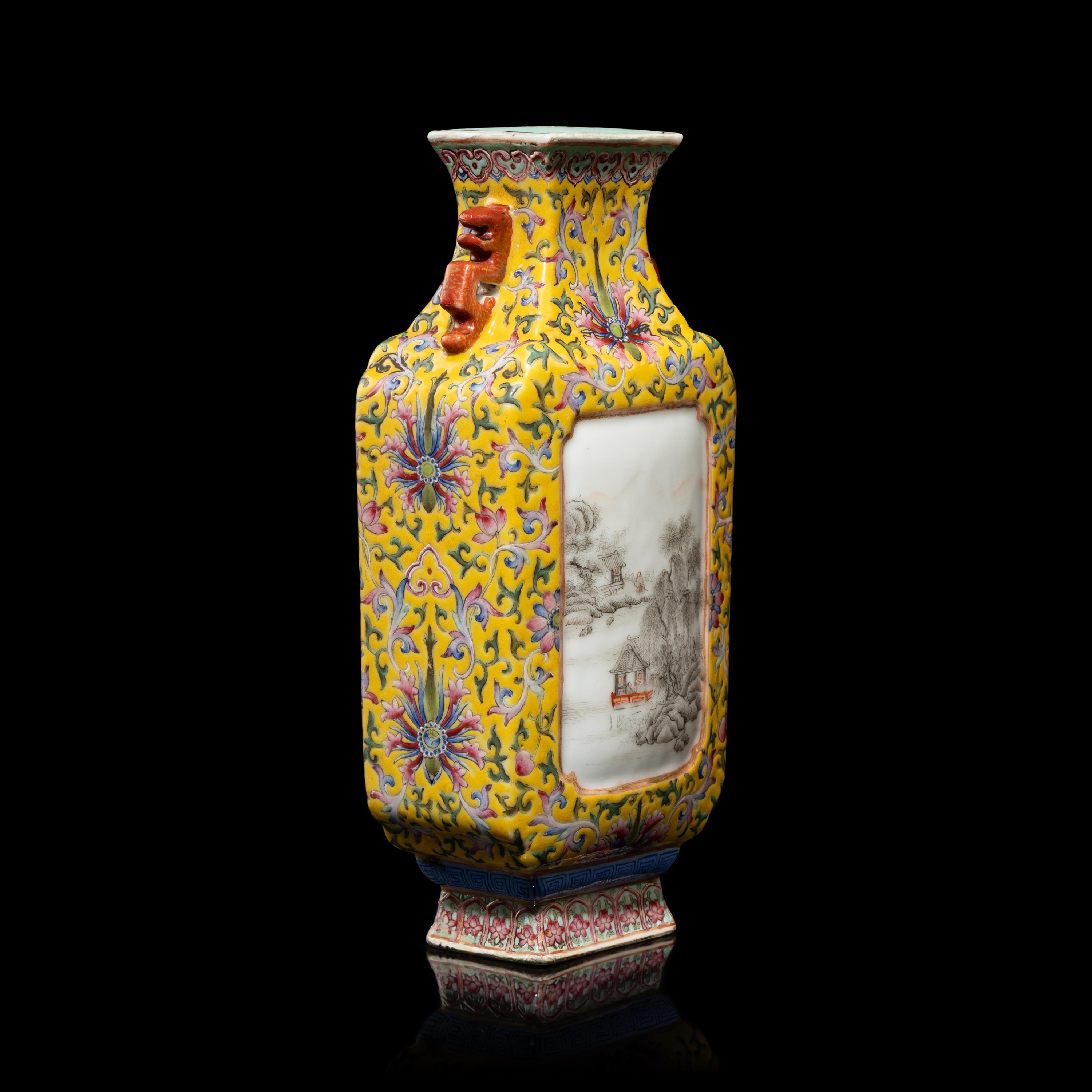 A Chinese Yellow Ground Famille Rose Porcelain 'Landscape' Square Vase, Early-Mid 20th Century — 近代 黃地粉彩纏枝蓮紋開光山水圖雙耳方瓶