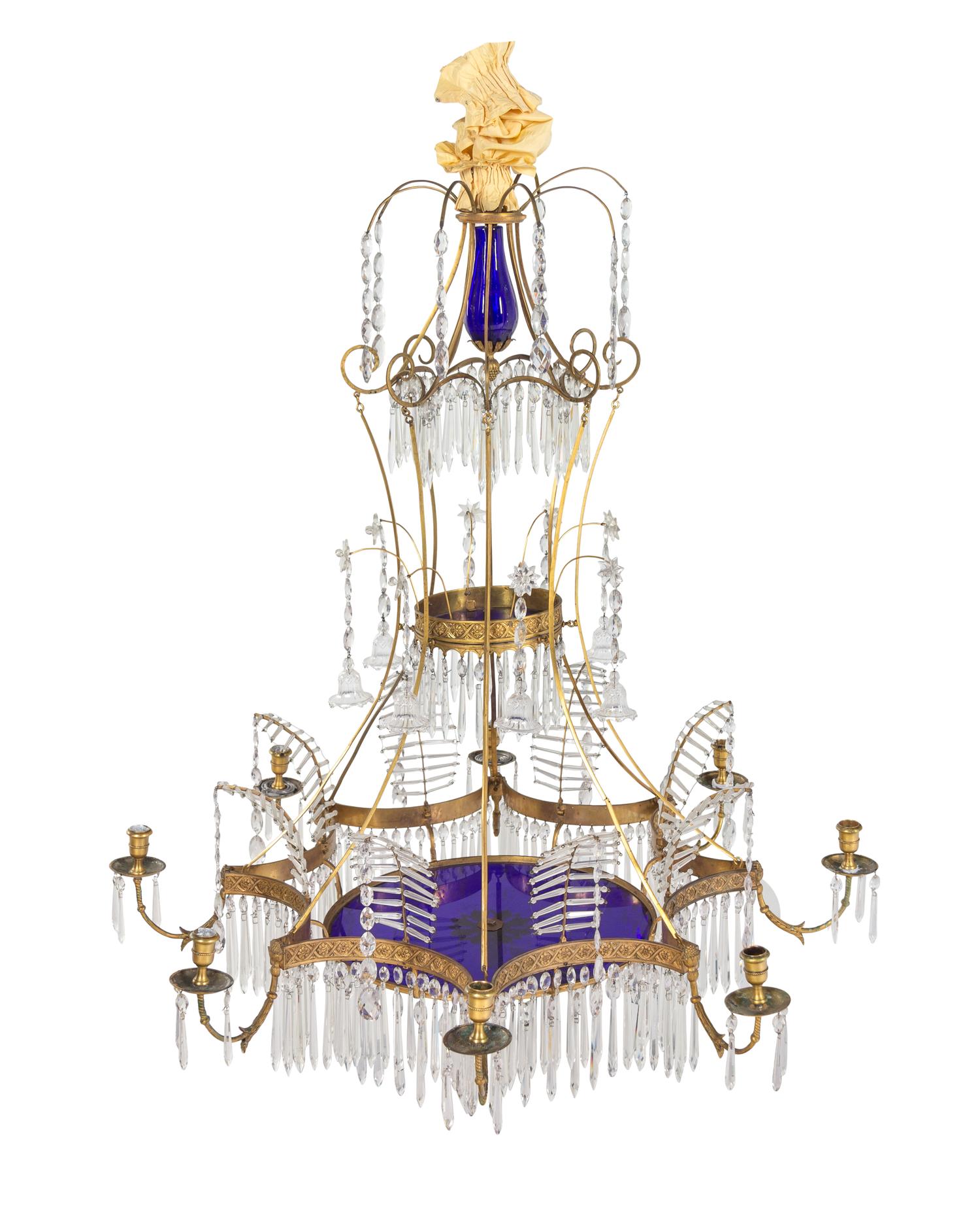 A Swedish Neoclassical Gilt Bronze, Cobalt and Colorless Glass Chandelier
