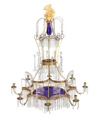 A Swedish Neoclassical Gilt Bronze, Cobalt and Colorless Glass Chandelier