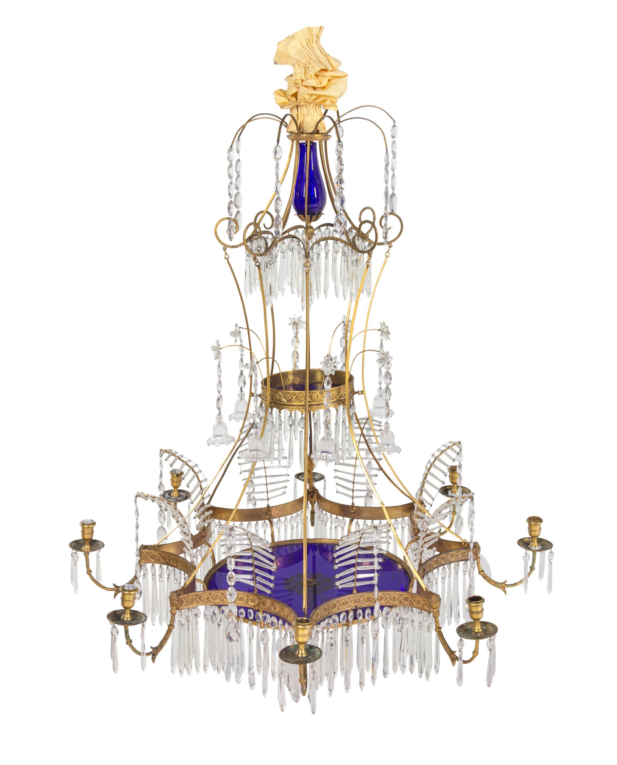 A Swedish Neoclassical Gilt Bronze, Cobalt and Colorless Glass Chandelier