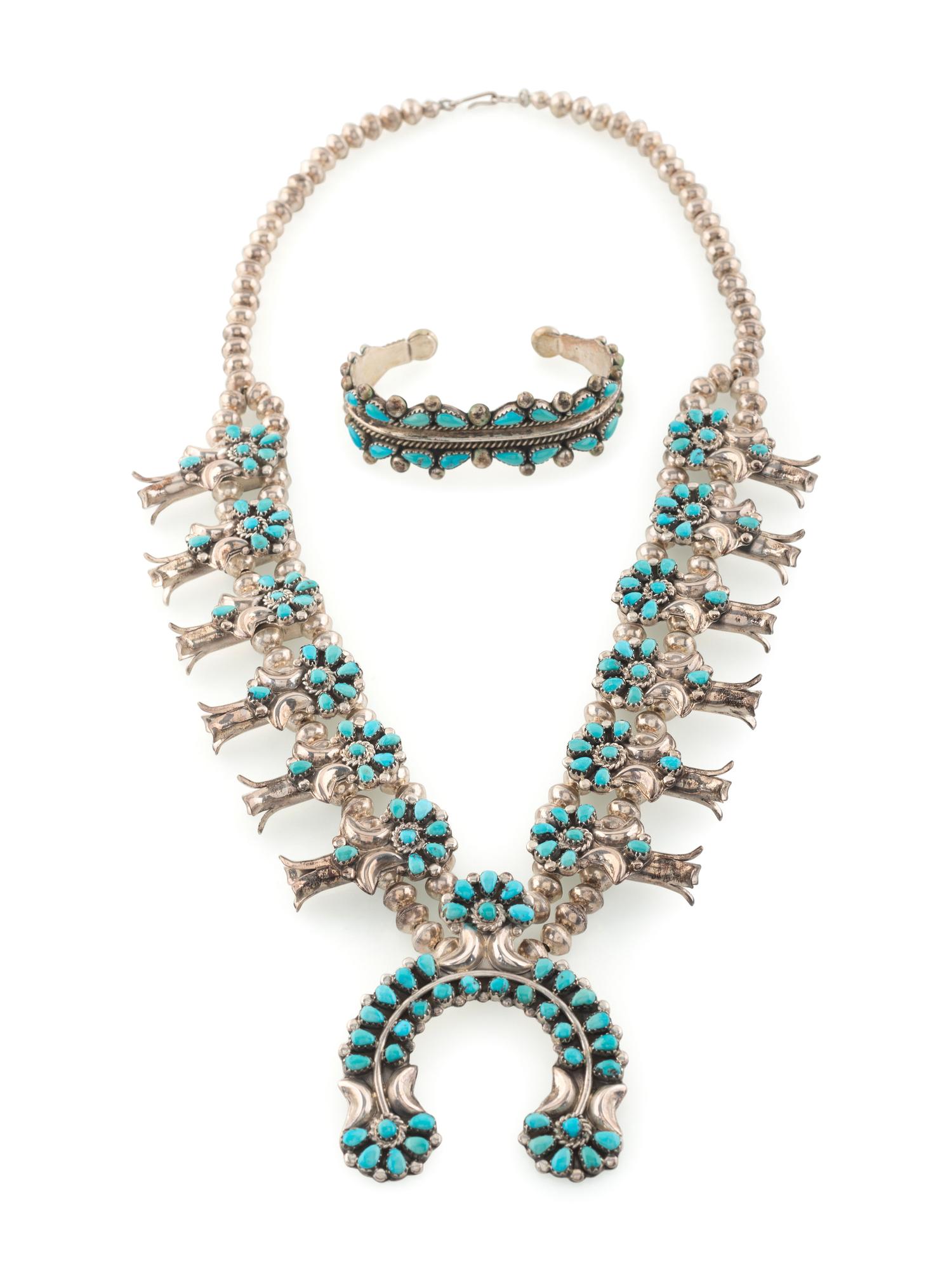 Navajo Silver and Petit Point Turquoise Squash Blossom Necklace AND Cuff Bracelet